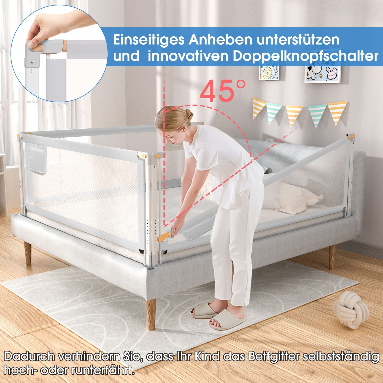 YIKANWEN Bettgitter, 200cm Bettschutzgitter ​für Kinder ab 0-10 Jahren, einziehbare Kinderbettgitter Babybettgitter,passend für Kinderbetten, Elternbetten und Alle Massivholzbetten（Nur 1 Stück）