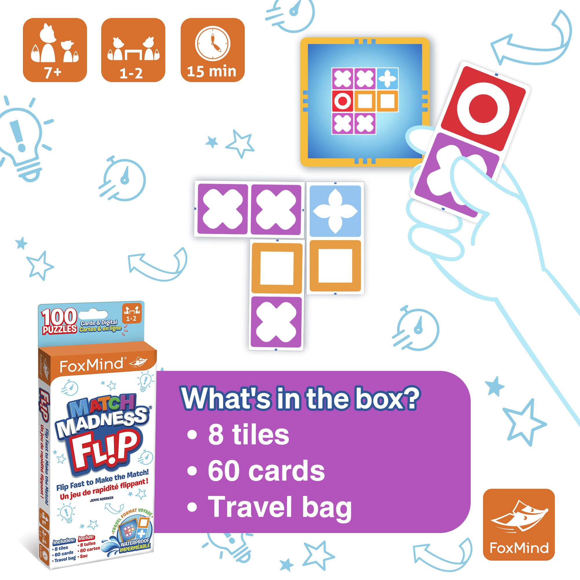 Foxmind Jeux : Match Madness Flip - Jeu de puzzle assorti aux motifs de voyage, développe la résolution de problèmes - Logic-Fine motricité - Enfants 7 ans et plus, 1 à 2 joueurs