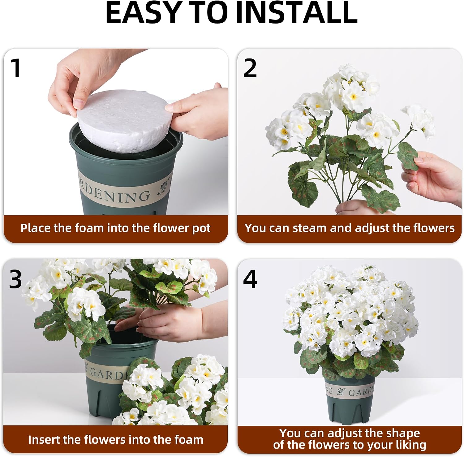 Geraniums Artificial Flowers for Outdoors, 2 Pack Potted Plants White Faux Geraniums Bush Artificial Topiaries Realistic UV Resistant Fake Flowers Plants for Planters Outside Gardens Front Door Indoor