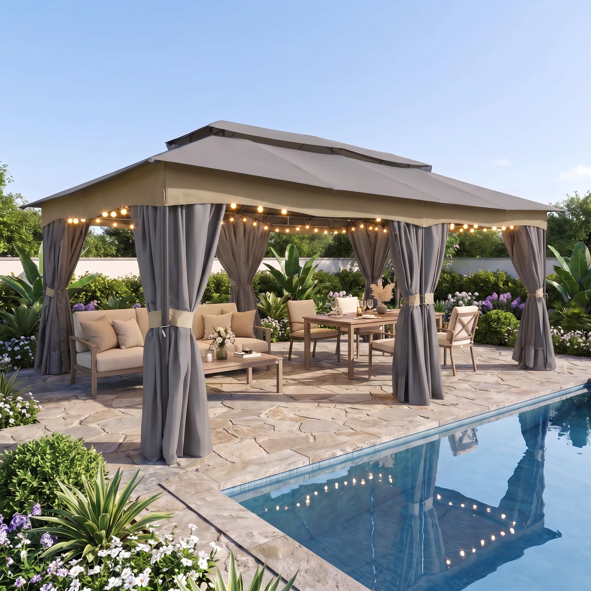 COBIZI 12x20 FT Gazebo Outdoor with Curtains, Heavy Duty Soft Top Gazebo Canopy with Double Roof (Gray)