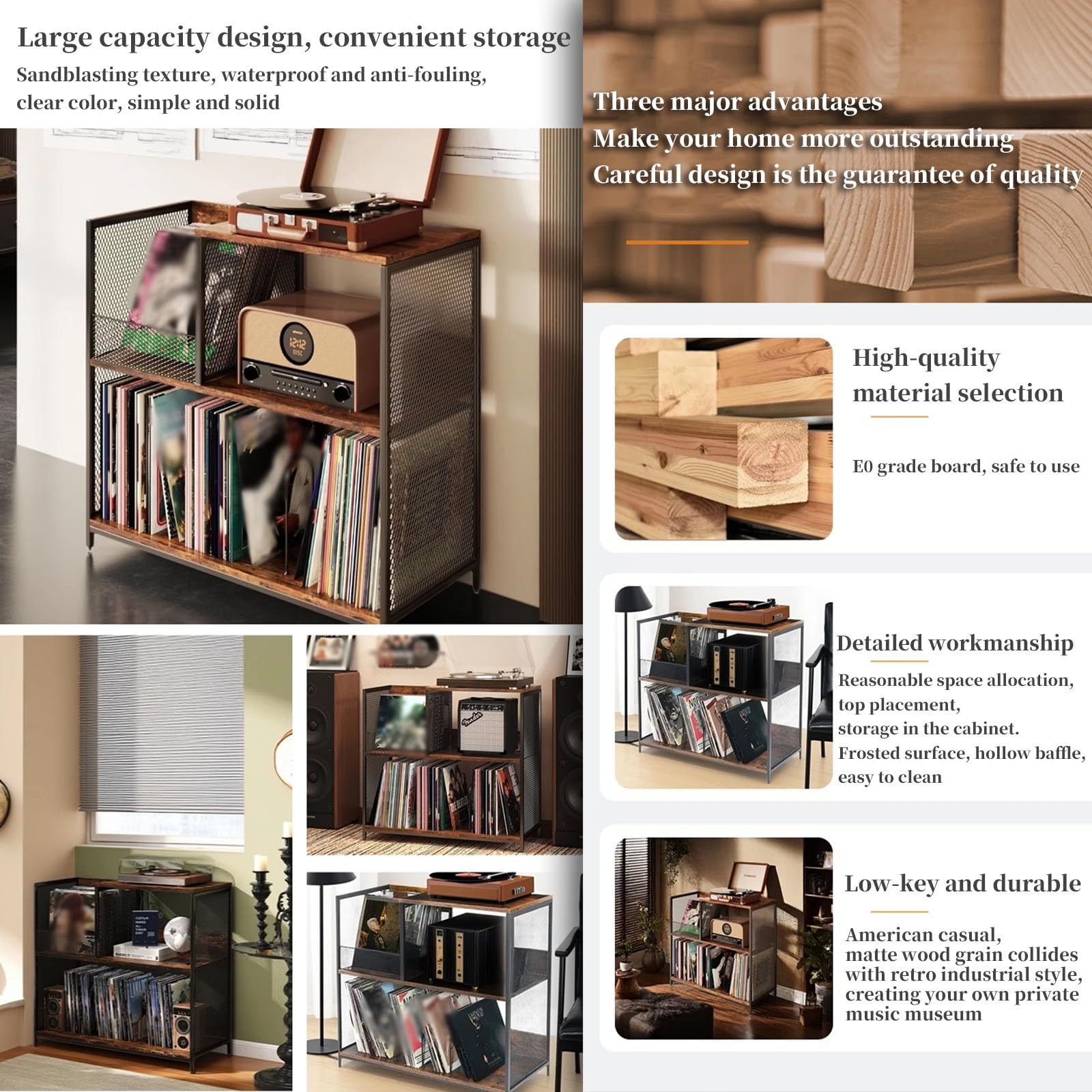 FORRTY Grande Libreria for Vinili A 3 Livelli, Conserva Fino A 300 LP, Supporto Giradischi in Metallo E Legno, Stile Industriale, Mobile Porta Vinile E CD for Soggiorno/Ufficio/Camera