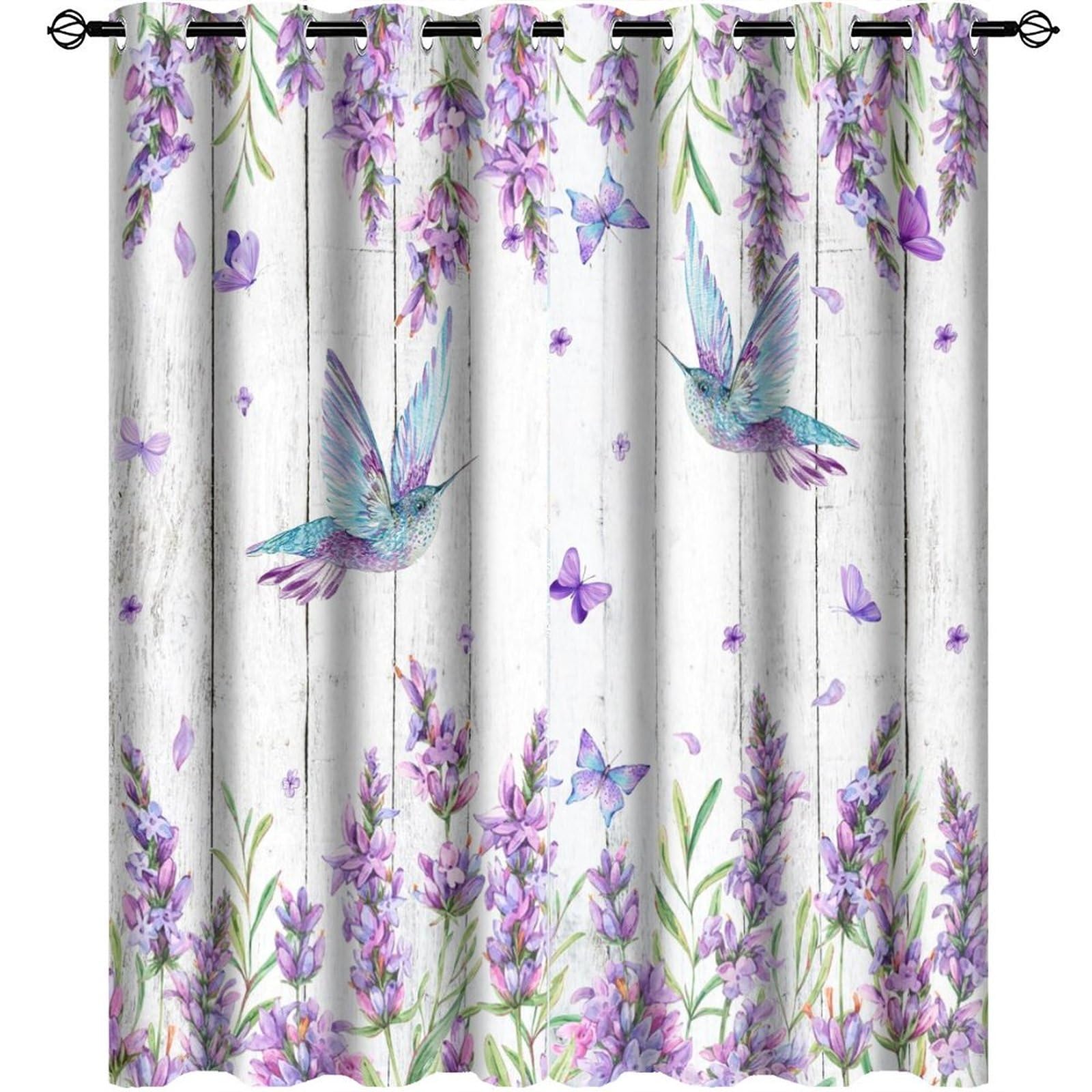 Watercolor Purple Lavender Blackout Curtain Rustic Wood Farmhouse Barn Door Decor Green Leaves Bird Grommet Window Thermal InsulatingDrapes Decor for