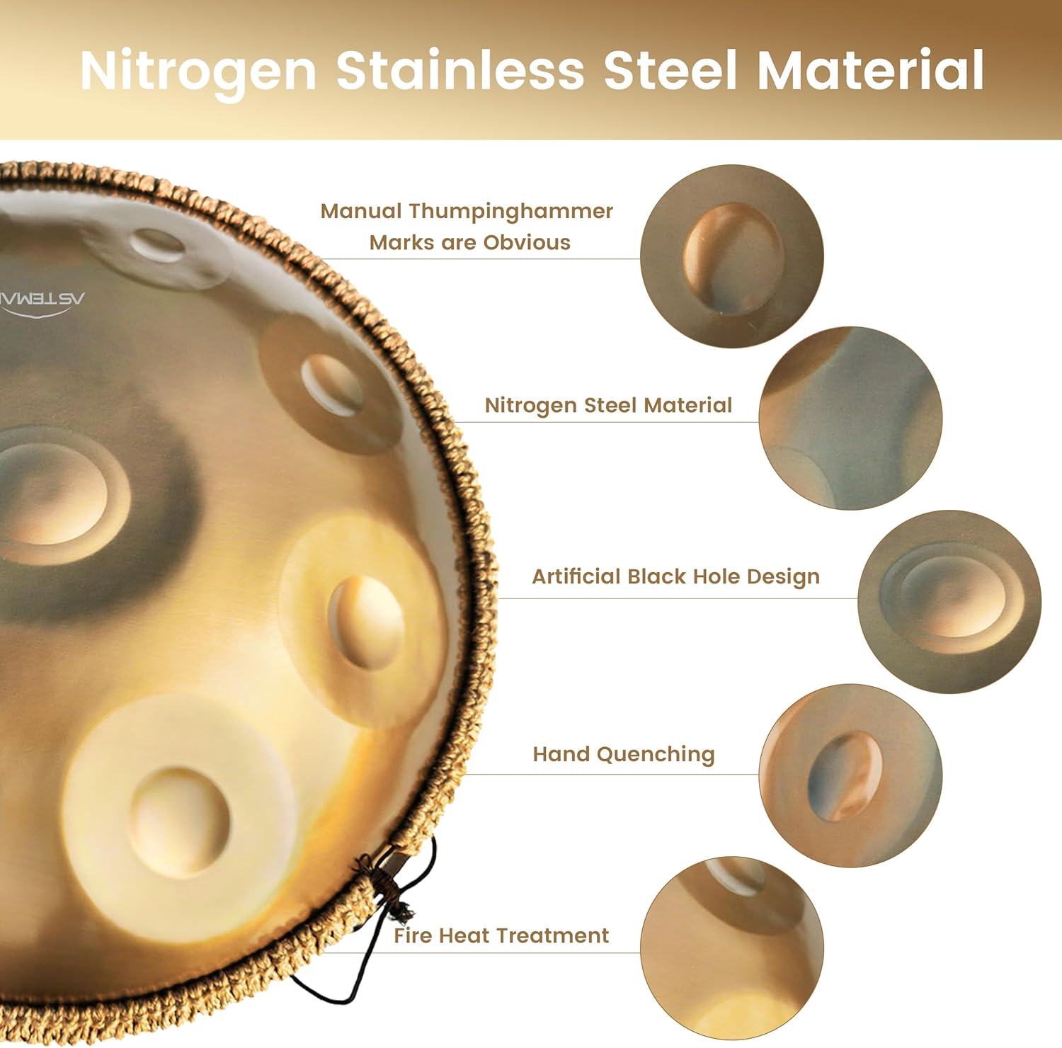 ASTEMAN Handpan in D Minor, 22 inches with 17 notes, comes with a backpack, courses, finger sleeves, stand, cleaning cloth, and two mallets. (Gold, 440hz)