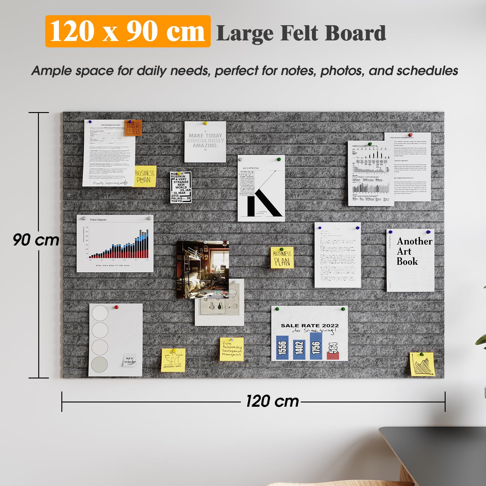 120x90cm Große Filz Pinnwand Selbstklebend: 12 Stück Streifen Filzboard mit Abziehbar Klebeband Dekorative Pinwand für Büro, Küche, Kinderzimmer als Memoboard, Fotowand, Korkwand Alternative