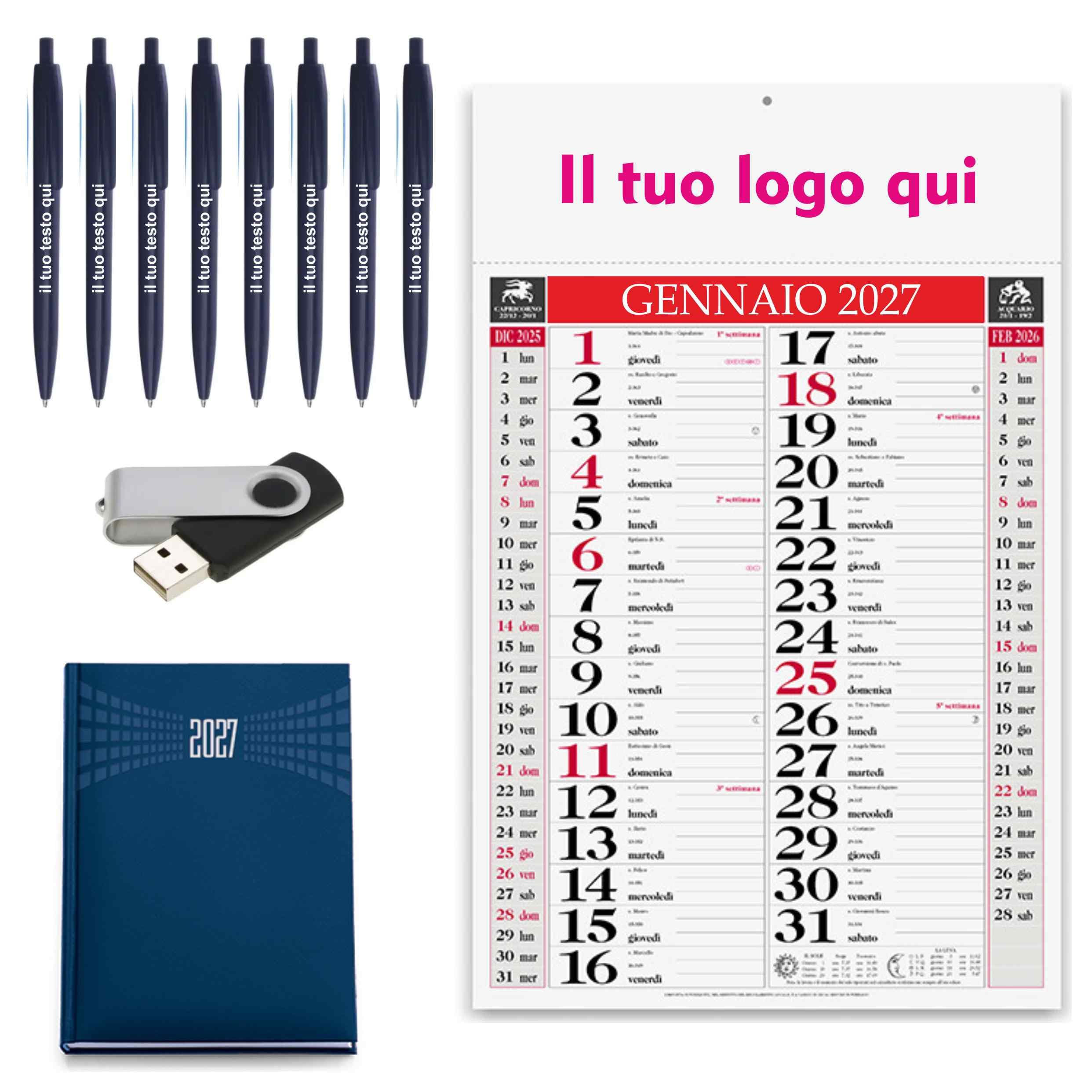 Kit Personalizzabile 100 Calendari 2027, 100 Penne a Sfera Blu, 1 Chiavetta USB 4GB e 1 Agenda Giornaliera Blu - Made in Italy - Idea Regalo Set Personalizzato (Assortito, 1 Kit)