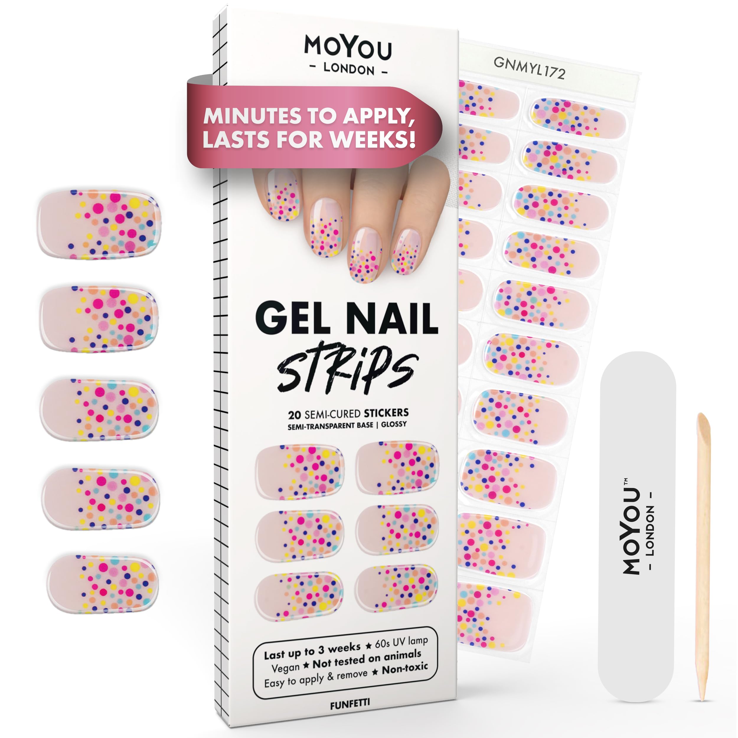 MOYOU LONDON Semi Cured Gel Nail Strips - 20 Pcs. Waterproof Gel Nail Wraps, Cures in Sunlight or UV/LED Lamp, Lasts Up to 2+ Weeks, Stretchable, Easy to Apply & Remove, Vegan & Cruelty-Free