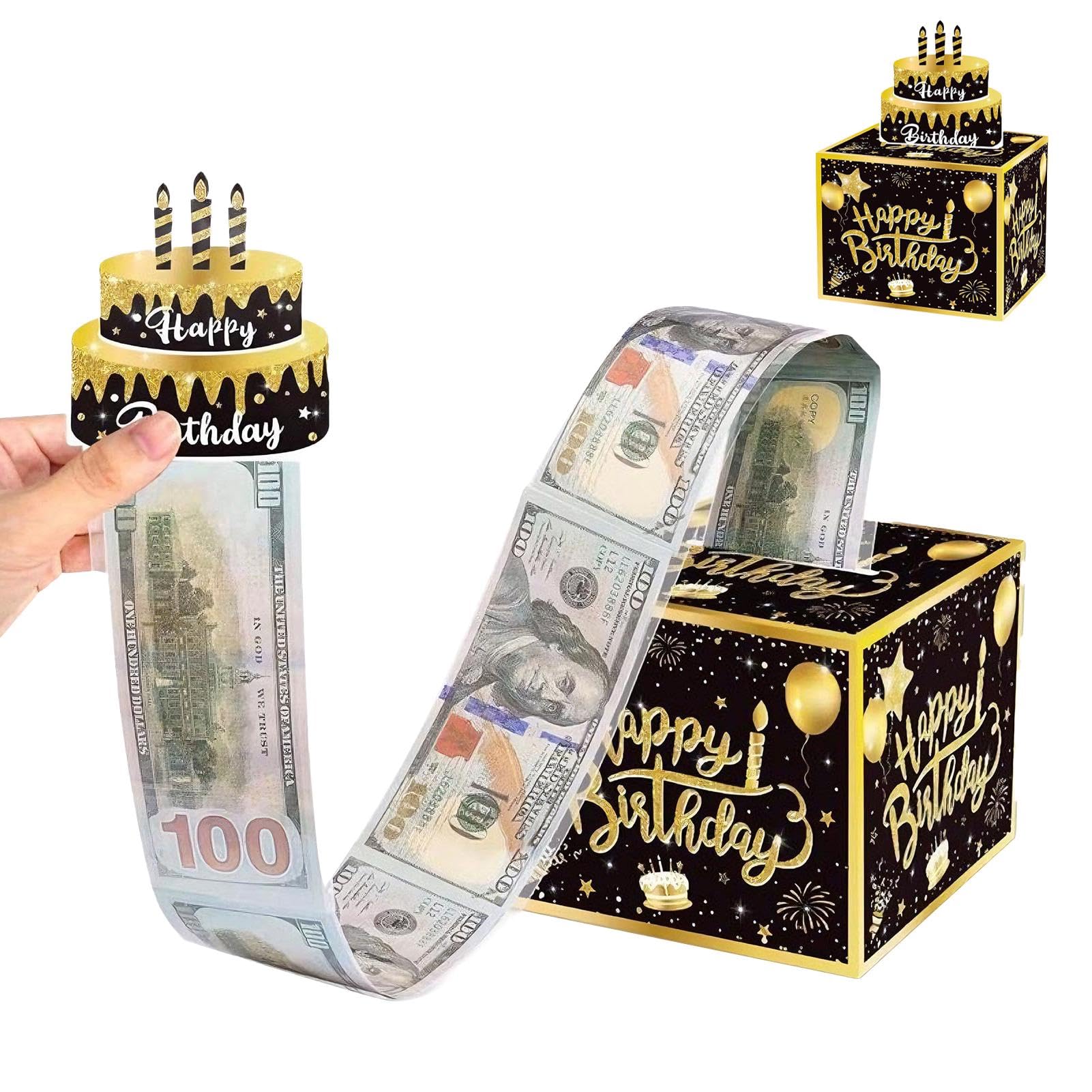Birthday Money Box Cash Gift Pull, Money-Gift Ideas Novelty Surprise Boxs, Money-Gifts Box with 30 Transparent Bags Pull Out Card, Money-Gift Boxs for Cash Boy Men Old(COLOR:Black)
