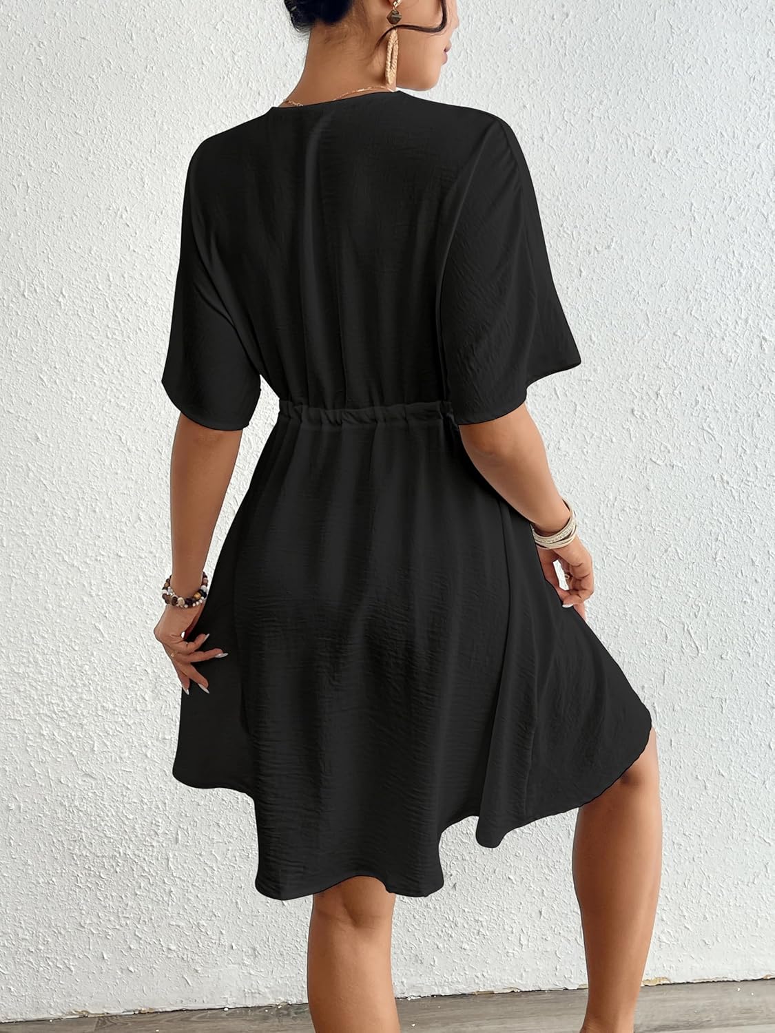 Eddoyee Wome's Swimsuit Coverup V Neck Hollow Out Beach Bathing Suit Flowy Swim Coverup Mini Dress - Image 3