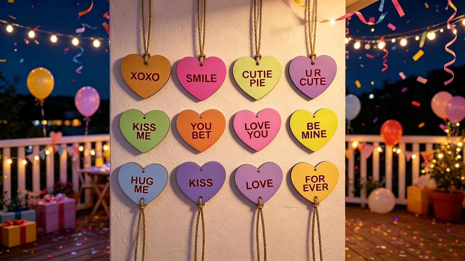 Candy Heart Ornaments Set of 12, Colorful Valentine's Day Hanging Decorations with Jute String, Love Messages image 5