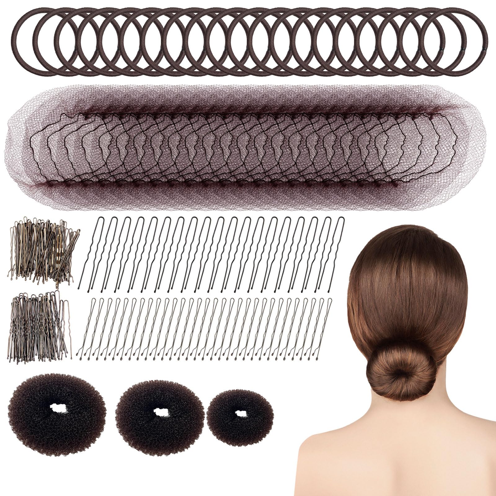 183 Piezas Juego de Hacer Moño 3 Donuts para el Pelo, Accesorios de Peinado para Bailarina de Ballet, Marrón