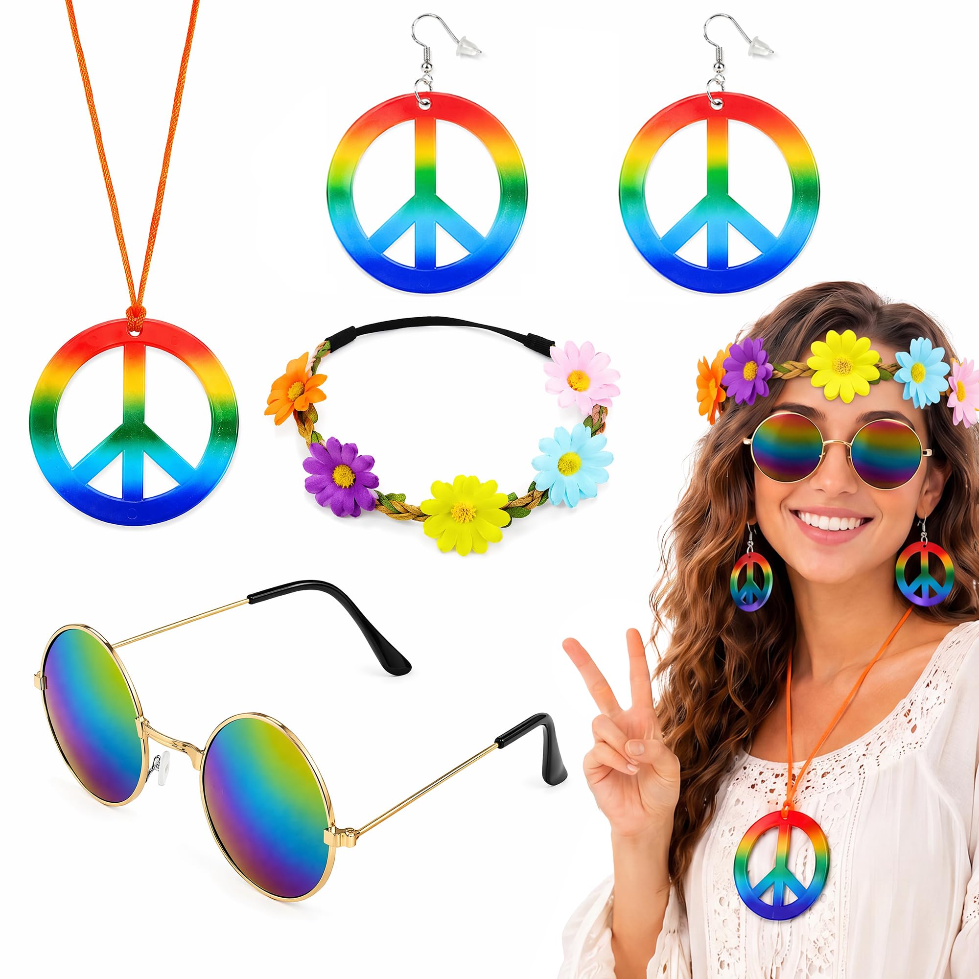 4 Pieces Hippie Costume Set 60s 70s Glasses Headband Necklace Earrings Kit