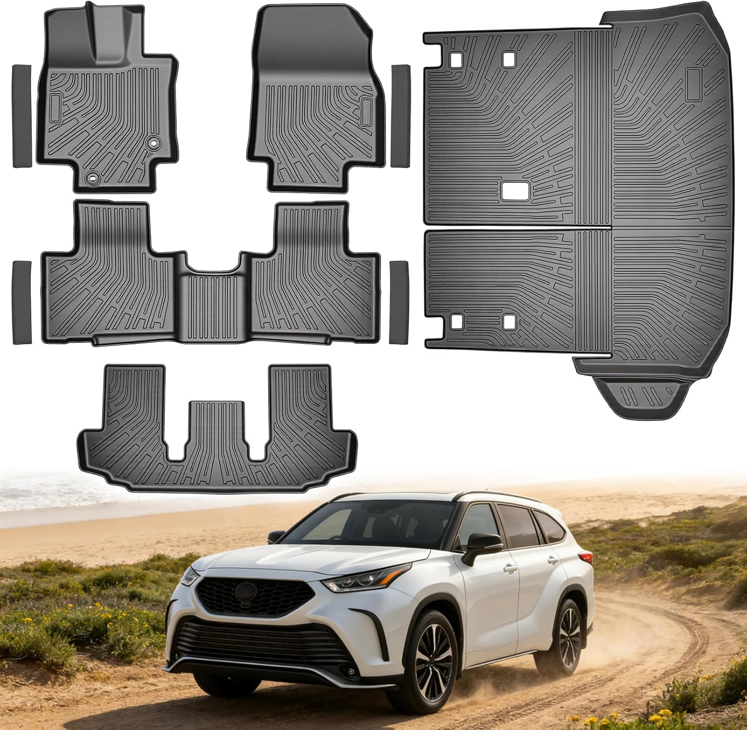 Floor Liner & Cargo Mat for Toyota Highlander 2020-2025 | TPE All-Weather Complete Front, 2nd & 3rd Row Protection with Door Sill Guards | Full Set SUV Interior Defense System 9-Piece