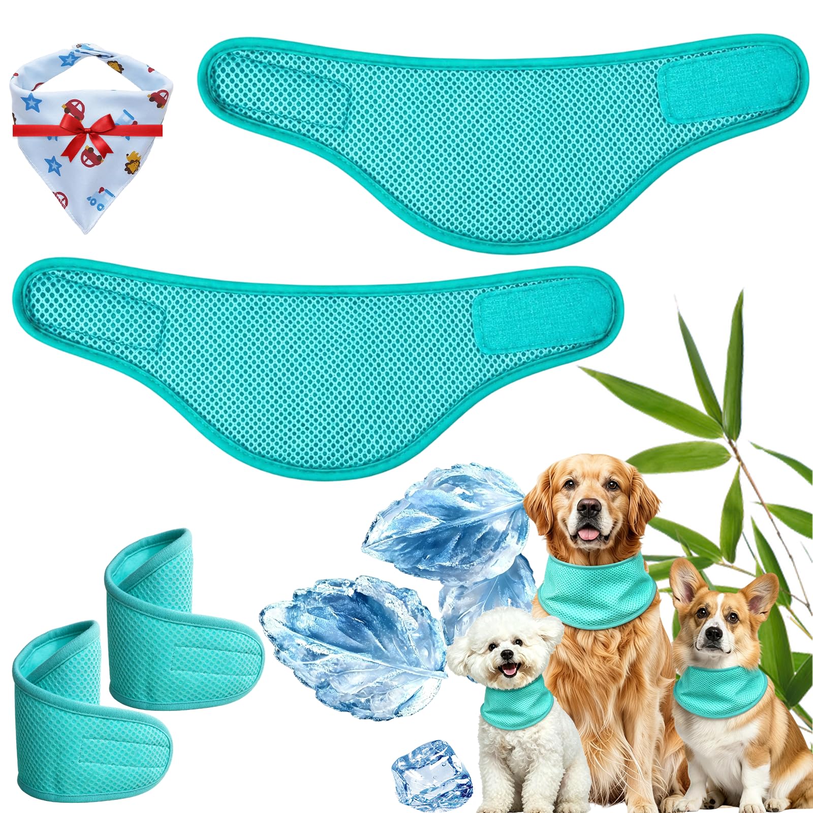 Dog Cooling Bandana, Breathable Mesh Summer Dog Cooling Collar For Medium Dogs Puppies, Instant Chill Self-Cooling Adjustable Pet Scarf Collar For Summer Outdoor Walks (2 Green, M:30-40CM)