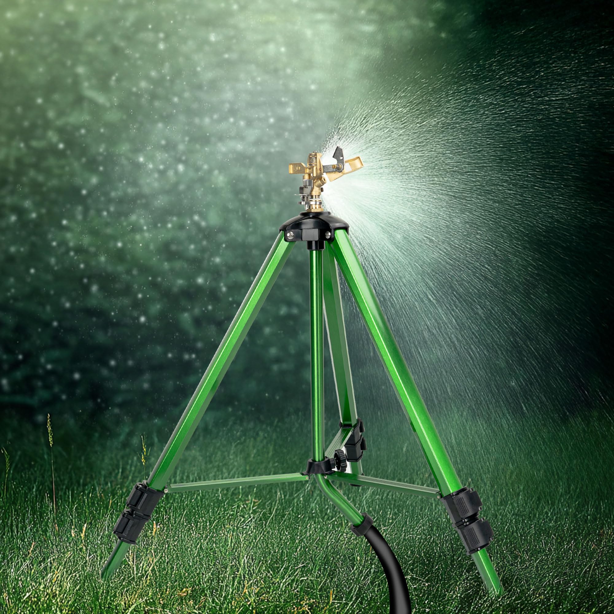 Aspersor de impacto en base de trípode, cabezal de aspersor de latón ajustable resistente para césped, patio, jardín, riego de área grande de 360 grados, patas de extensión de conector