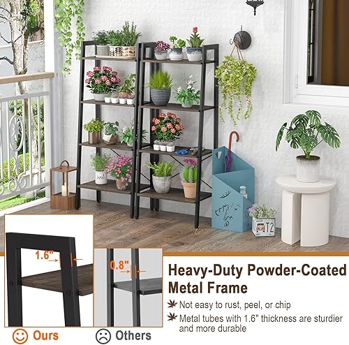 Miniatura 6 de Tangkula Estantería de escalera, estantería industrial de madera de 4 niveles con marco de metal, dispositivo antivuelco, estante de escalera