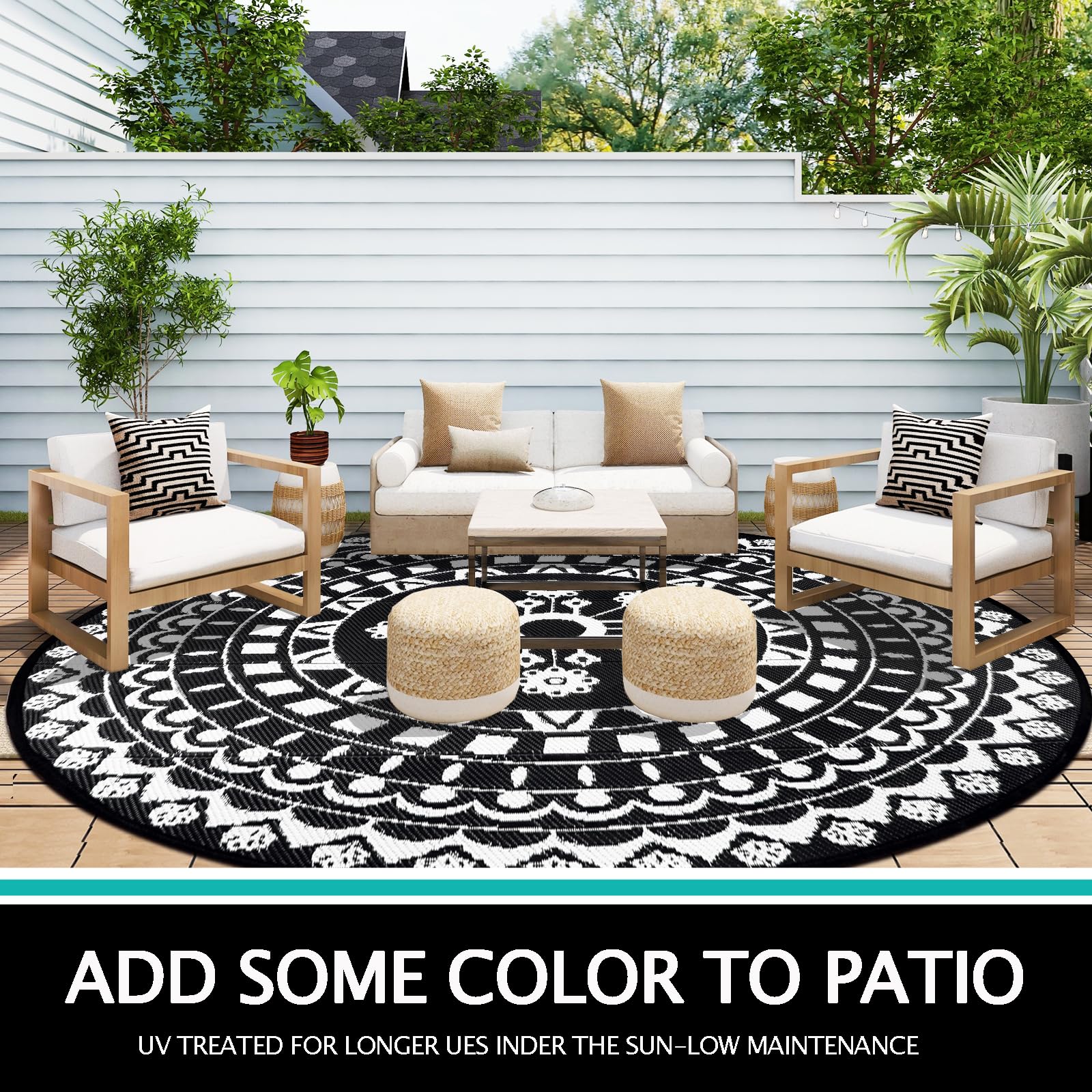Capslpad Boho Outdoor Rugs Round 240cm Waterproof Outside Patio Rug Reversible Picnic Mat Portable UV Resistant Plastic Straw Rug Indoor Outdoor Round Area Rug for Tent,RV,Backyard,Deck Decor,Black - Image 3