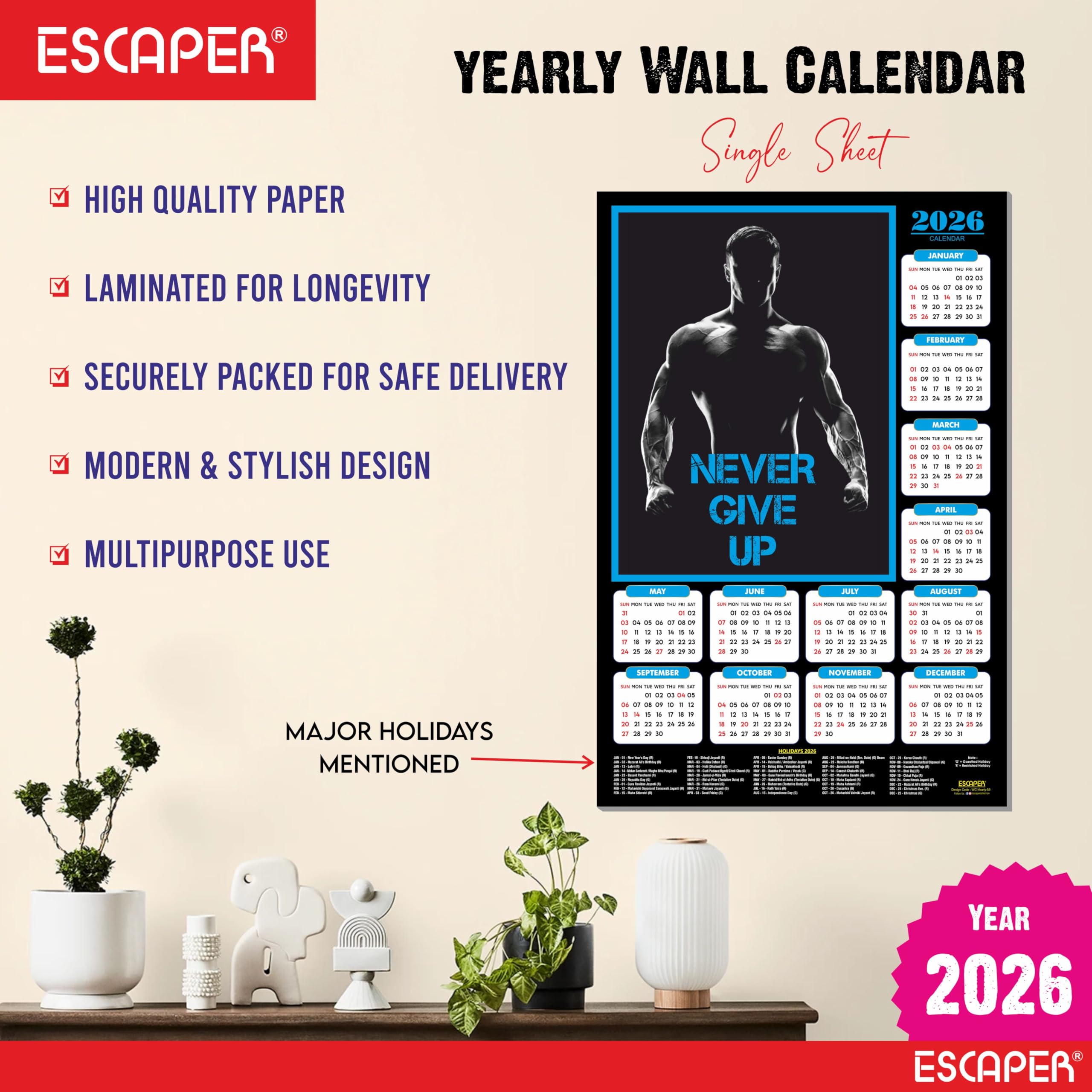 ESCAPER Never Give Up Gym Wandkalender 2026 - 300 g/m² Papier, laminierte Bodybuilder & Workout Motivation, Fitness & Übung Wandkalender für Fitnessstudio, Zuhause oder Fitnesscenter