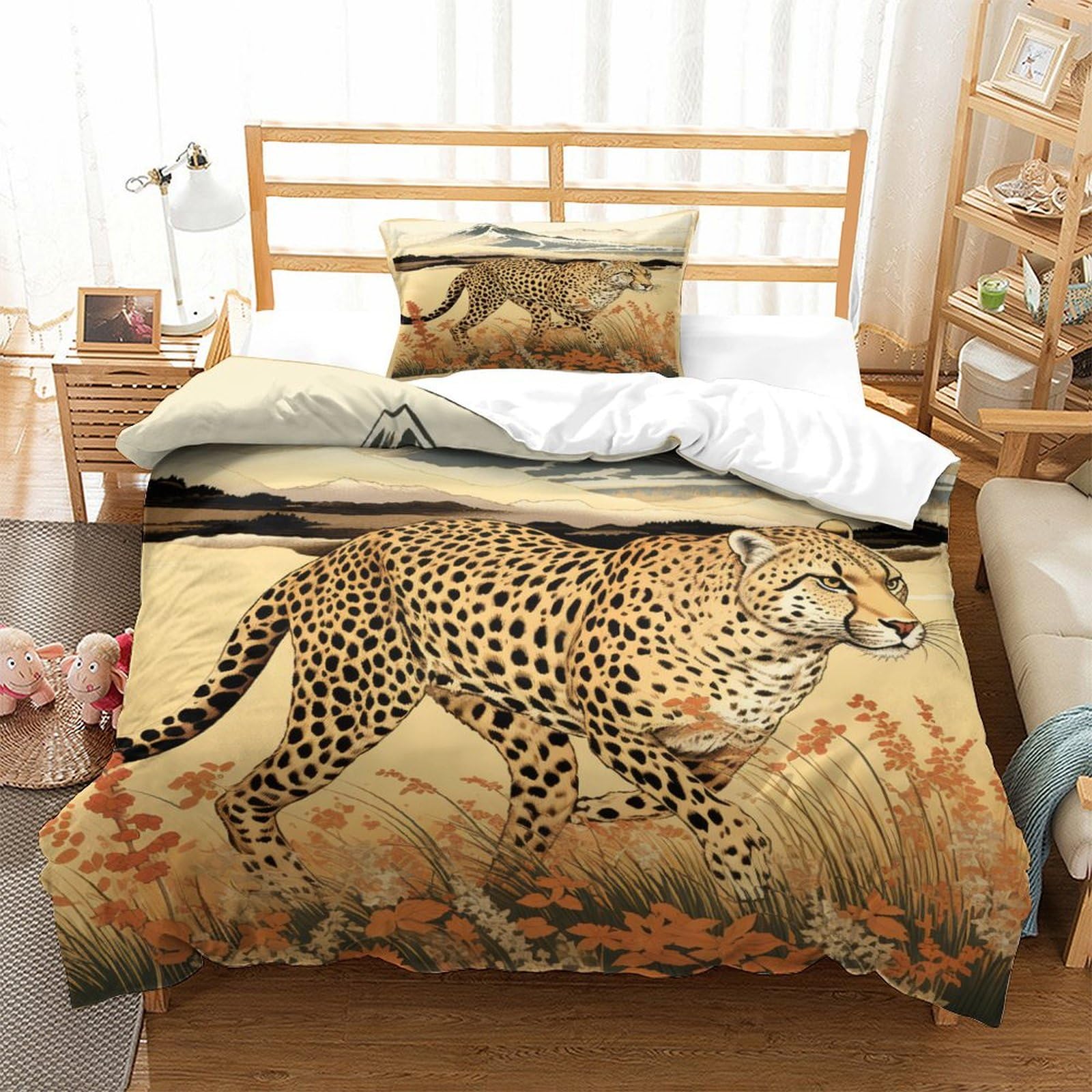 P1S9U7W5Y Wild Style 3D Printed Cheetah Duvet Cover Set 3pcs Microfiber Safari Cheetah Bedding Set Single