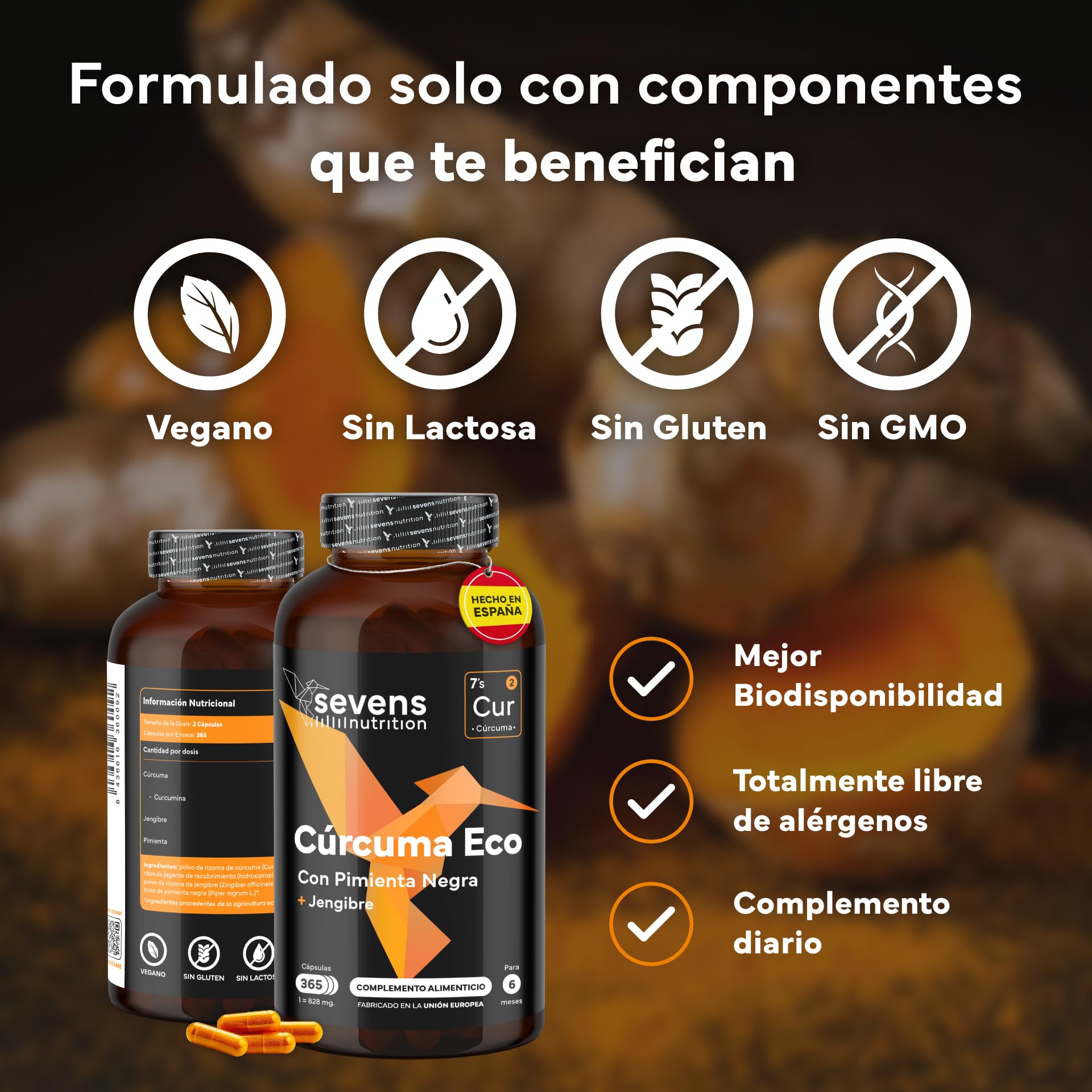 Cúrcuma con Jengibre y Pimienta Negra - 1410 mg por Dosis - 365 Cápsulas Formato Ahorro XL - Cúrcuma ECO en Cápsulas Veganas - Antiinflamatorio Natural - Apoyo Óseo y Articular - Sevens