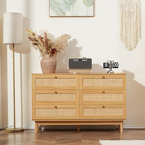 Miniatura 1 de EazeHome Cómoda de 6 cajones cómoda moderna de mediados de siglo con cajón doble ancho 6 cajones armario de almacenamiento de madera para dormitorio