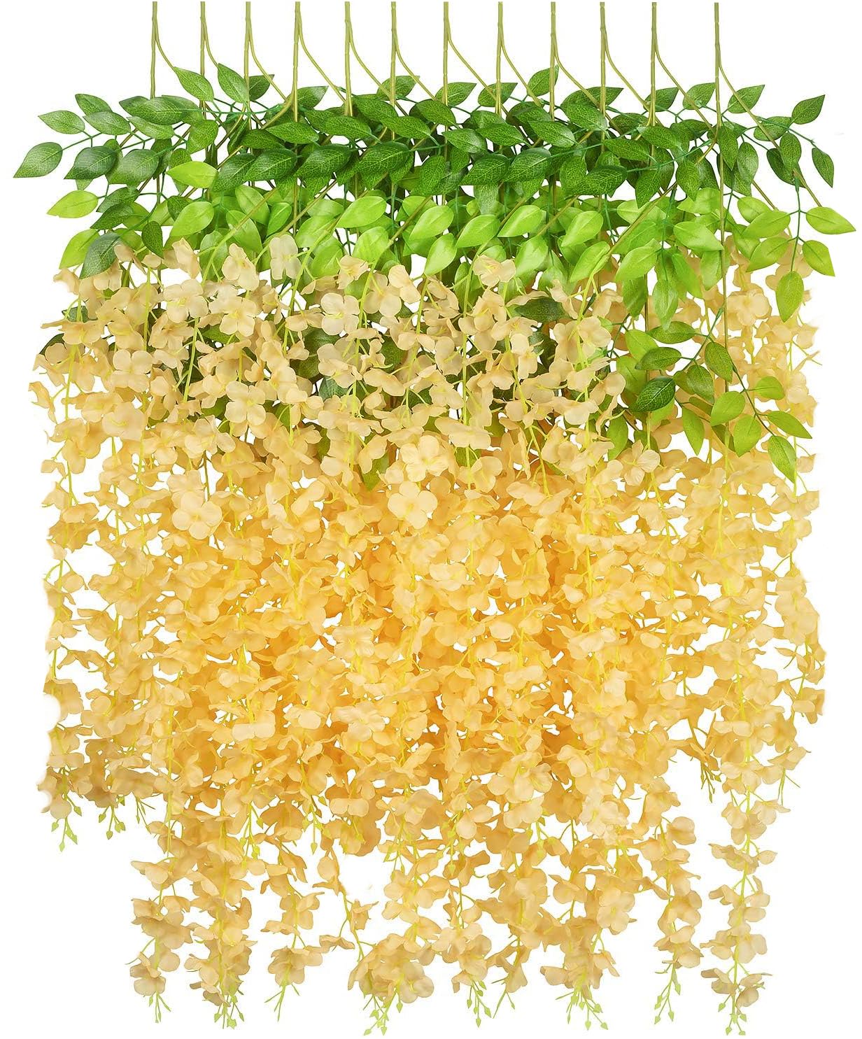 SZJH 12pcs 3.6 Feet/Piece Artificial Fake Wisteria Vine Ratta Hanging Garland Silk Flowers String Home Party Wedding Decor (Champagne)