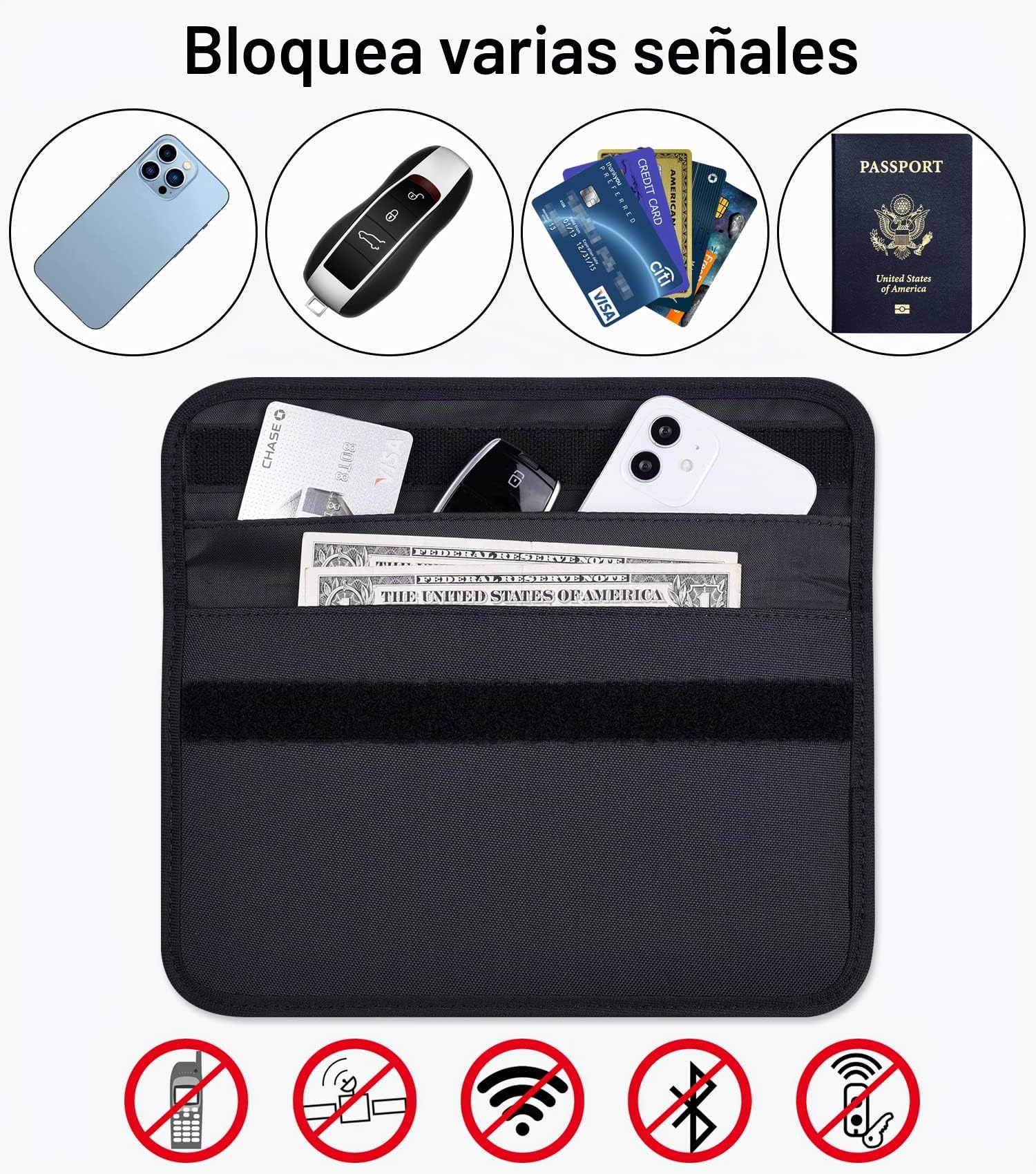 Wisdompro - Funda Faraday para móvil tipo cartera con bloqueo de señal RFID, protección de privacidad, llave de coche, antiseguimiento, antiespía, bloqueador, negro, grande