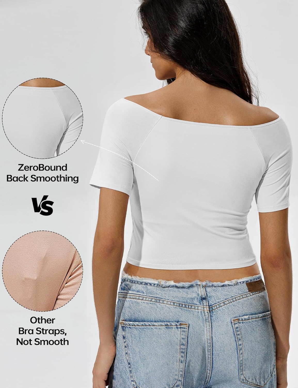 ZeroBound Built in Shelf Bra Off Shoulder Tops - Short Sleeve Off Shoulder Crop Shirts for Women, Basic Going Out Tops - Image 4