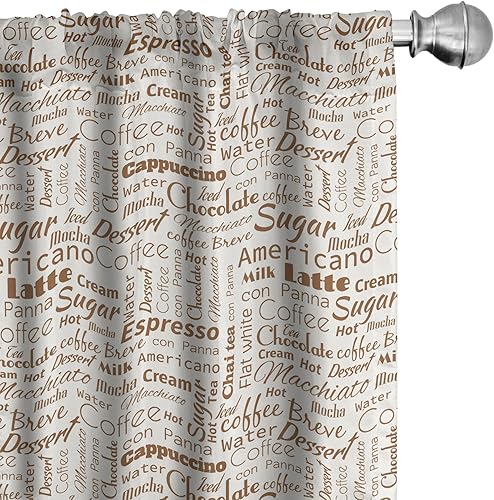 Ambesonne Cortinas modernas para ventana, con palabras temáticas de café Macchiato Mocha Americano Breve Postre, decoración ligera, juego de 2 Ambesonne Cortinas modernas para ventana, con palabras temáticas de café Macchiato Mocha Americano Breve Postre, decoración ligera, juego de 2