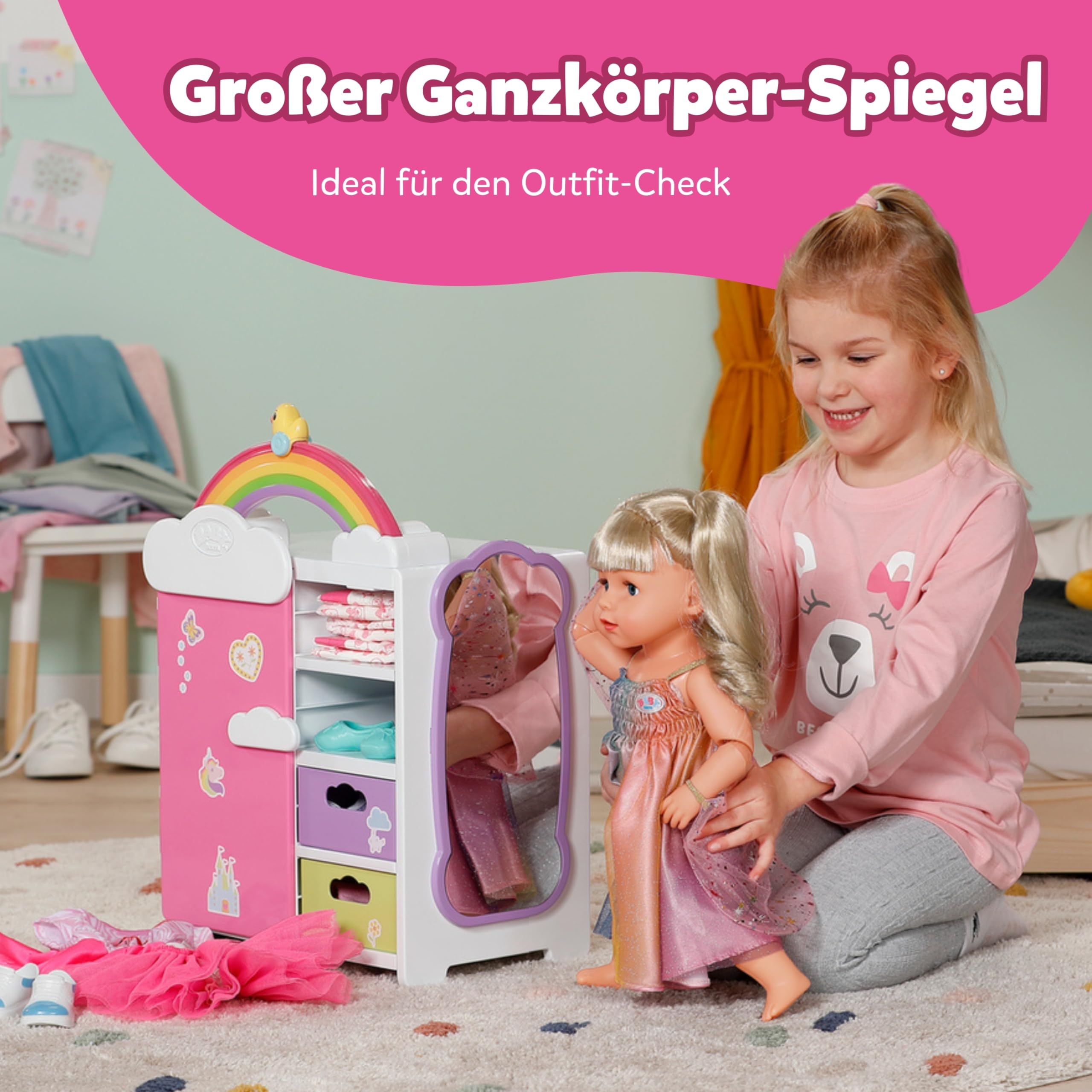 BABY born Regenbogenschrank - Aufbewahrung für Puppenkleidung - Mit leuchtendem Regenbogen & fröhlichen Sounds - Hochwertiges Puppen Zubehör inkl. Schuhbladen, Kleiderbügel & Stickern