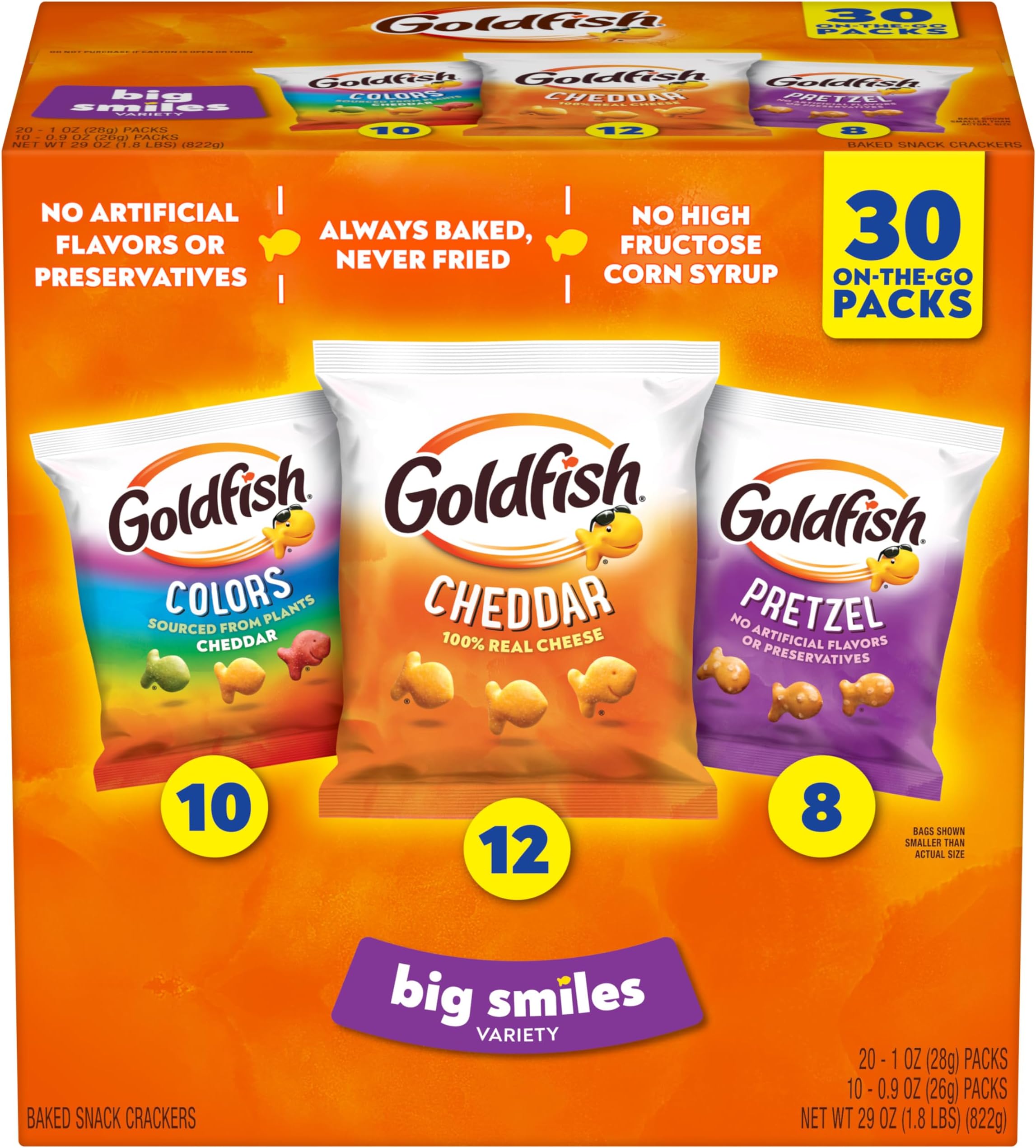 Goldfish Crackers Big Smiles Variety Pack with Cheddar, Colors, and Pretzels, Snack Packs, 30 Ct