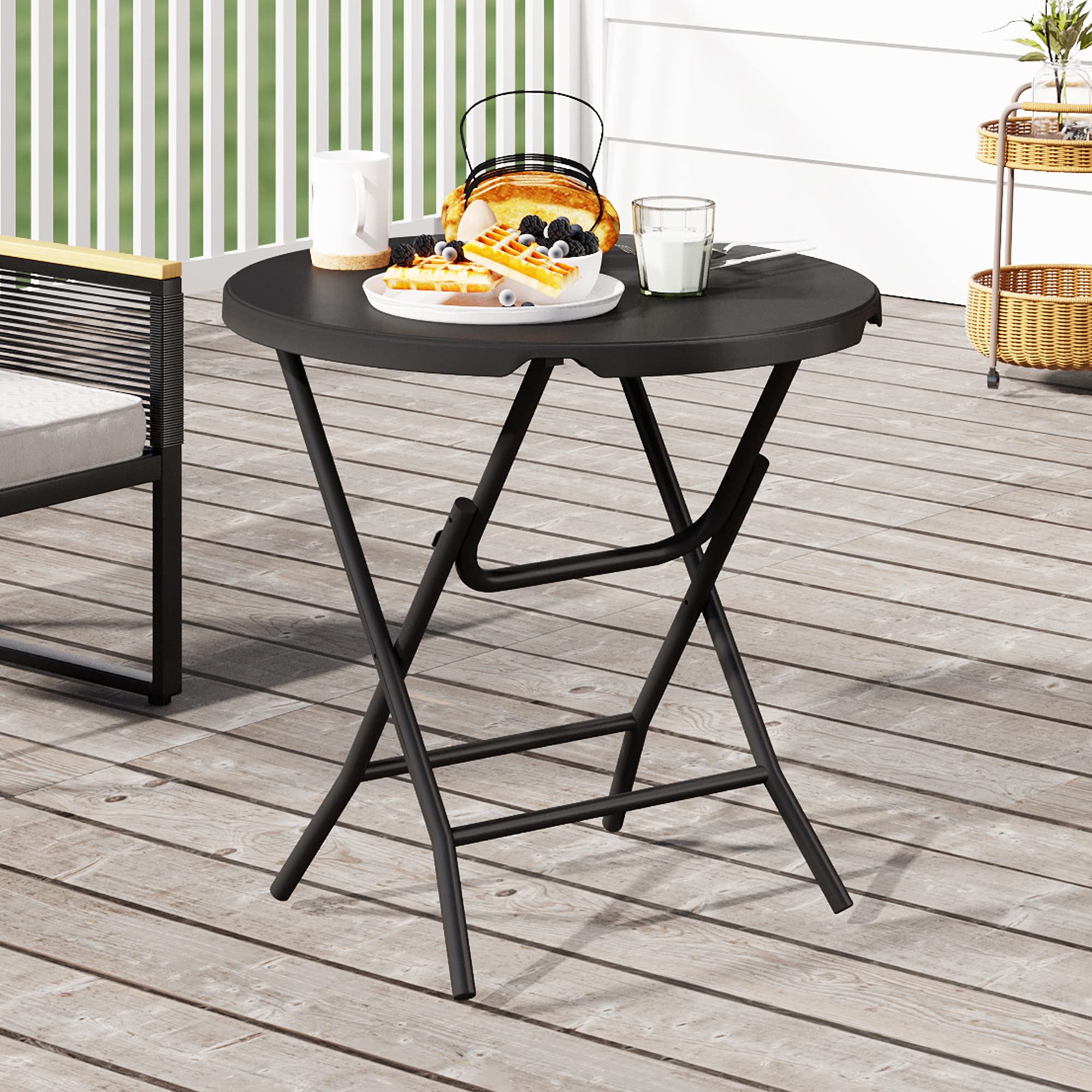 YITAHOME 80cm Table Pliante, Table de Jardin Ronde Robuste,Table Bistrot Table de Balcon pour Fête en Plein Air Barbecue à la Plage, Cadre Métallique Anti-Rouille, 80 x 80 x 74cm, Noire