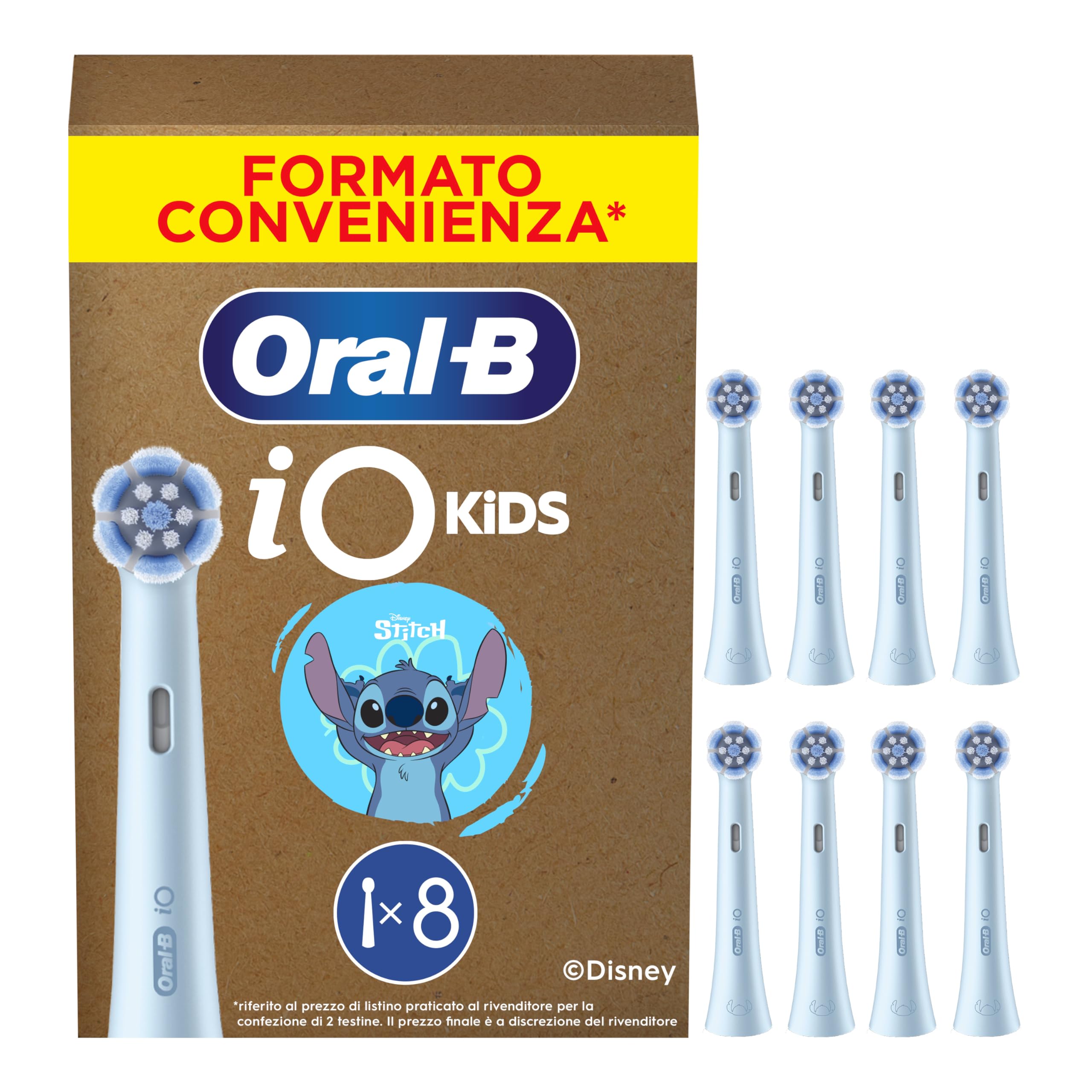 Oral-B Testine di Ricambio iO Kids 6+, Azzurre, 8 Ricambi - 8 Testine di Ricambio per Spazzolino Elettrico iO 6+, Disney Stitch, per i Bambini dai 6 Anni in su, Delicato su Denti da Latte e Gengive