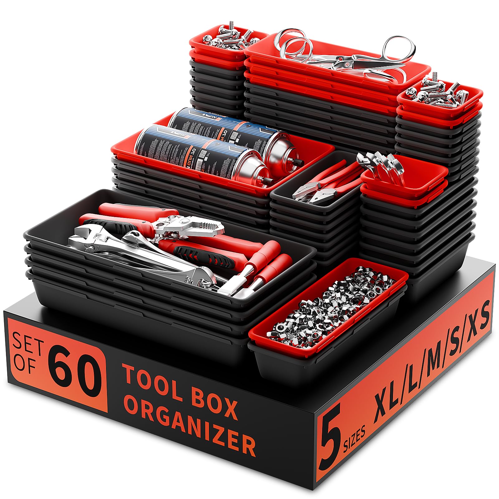 Tool Box Organiser Trays, 60 PCS Desk Drawer Organisers with 5 Sizes Separate Desk Drawer Dividers, Interlocking Garage Storage Boxes, Tool Chest Organiser Rolling Box Tray Set, Black and Red