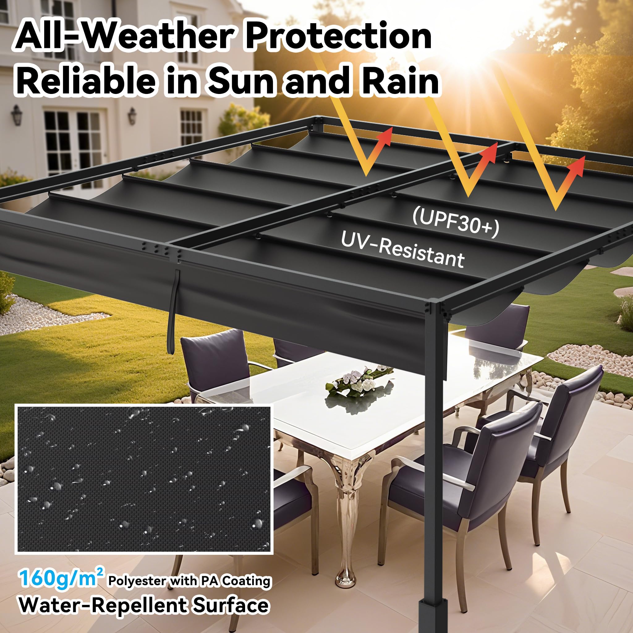ACXIN Pergola z przesuwnym dachem, zadaszenie tarasu ze stalowej ramy, wodoodporny poliester powlekany PA 160 g, wolnostojący pawilon ogrodowy z regulowaną ochroną przed słońcem (czarna, 3 x 3 m)