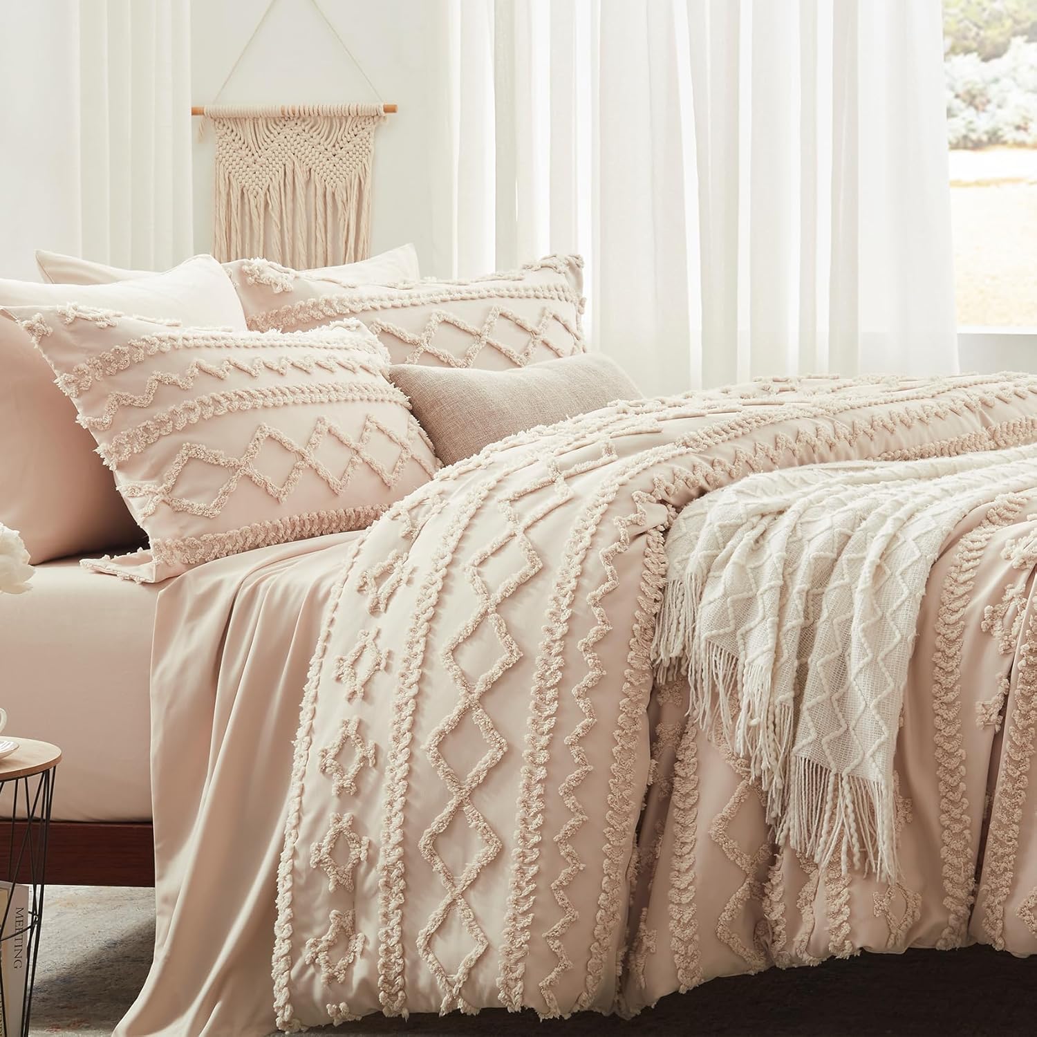 Anluoer Full Comforter Set 7 Pieces, Beige Tufted Bed in a Bag with Comforters, Pillow Shams, Pillowcases, Flat Sheet, Fitted Sheet - All Season Bedding