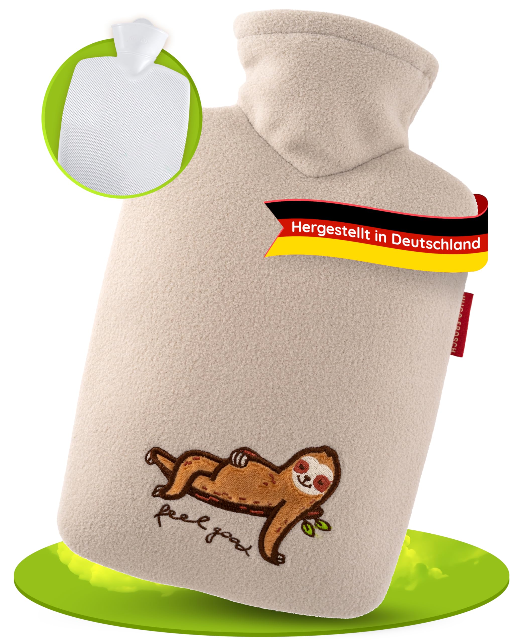 Hugo Frosch Bolsa de agua caliente clásica de 1,8 l – Fabricada en Alemania – con funda suave de forro polar "feel good" beige – botella grande a prueba de fugas y sin olor – con funda lavable