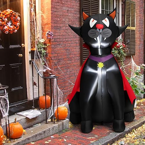 Miniatura 4 de Tangkula Gato negro vampiro inflable de Halloween de 4.7 pies con capa roja, decoración navideña inflable con 2 luces LED integradas, 2 sacos de