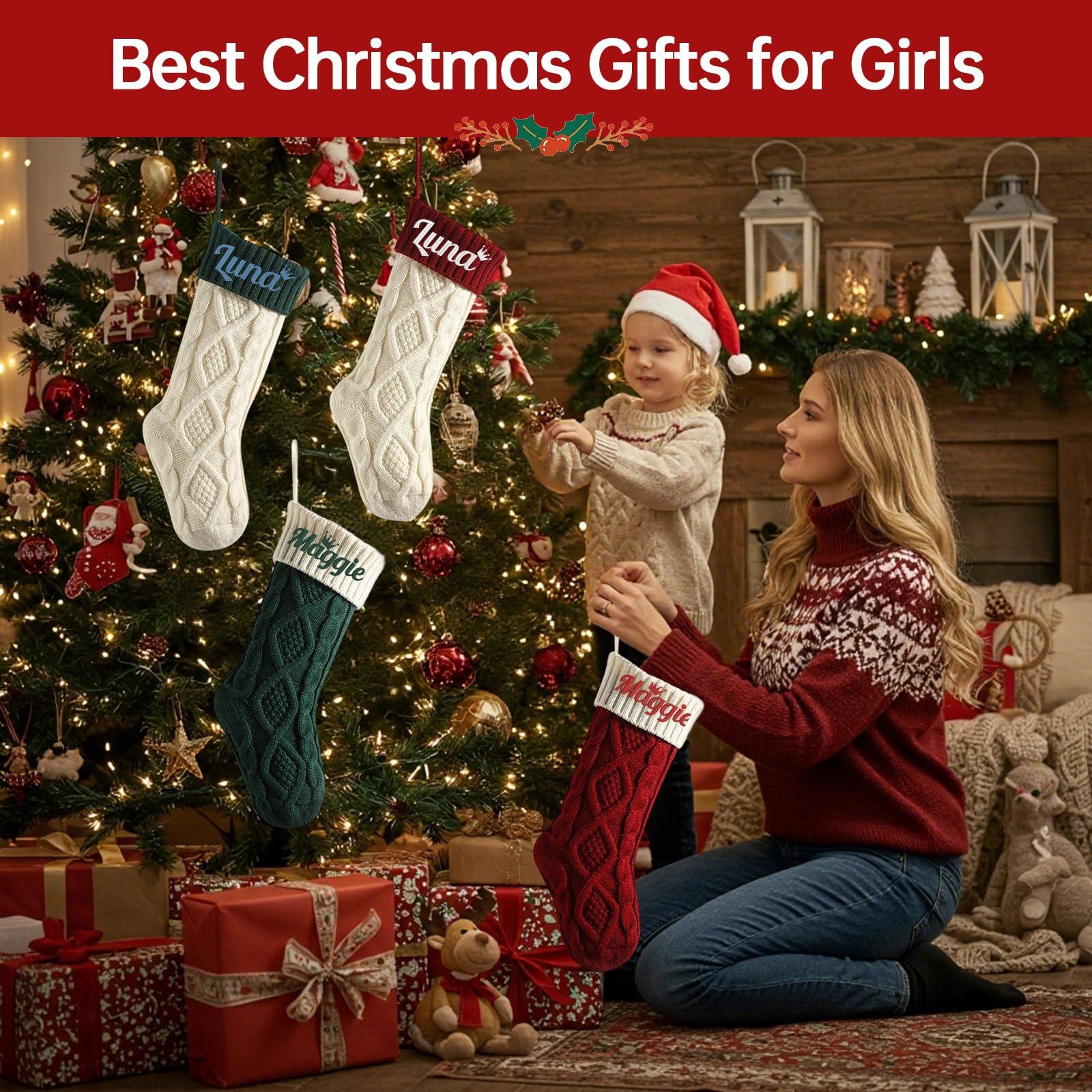 Calcetines de Navidad grandes de punto de 45,72 cm con nombres bordados personalizados, calcetines de Navidad grandes de punto para Navidad, decoración familiar y para colgar en la chimenea