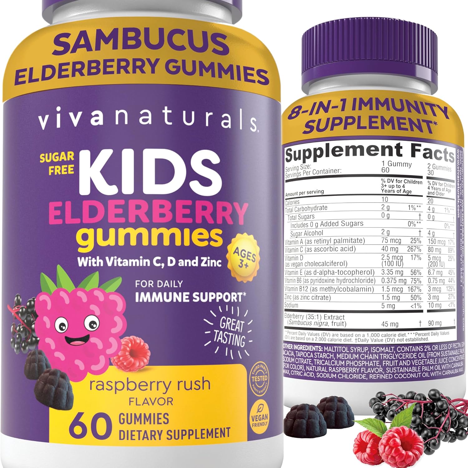 Viva Naturals Sambucus Elderberry Gummies for Kids, 60 Count – for Immune Support with Vitamin A, B6, B12, C, D & Zinc, Vegan, Sugar-Free 60 Count (Pack of 1)