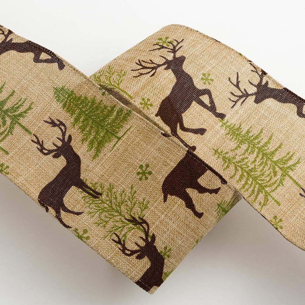Italian Options Stag Natural - Christmas Stag Hessian Ribbon - Wired Edge - 50Mm X 10M - Natural