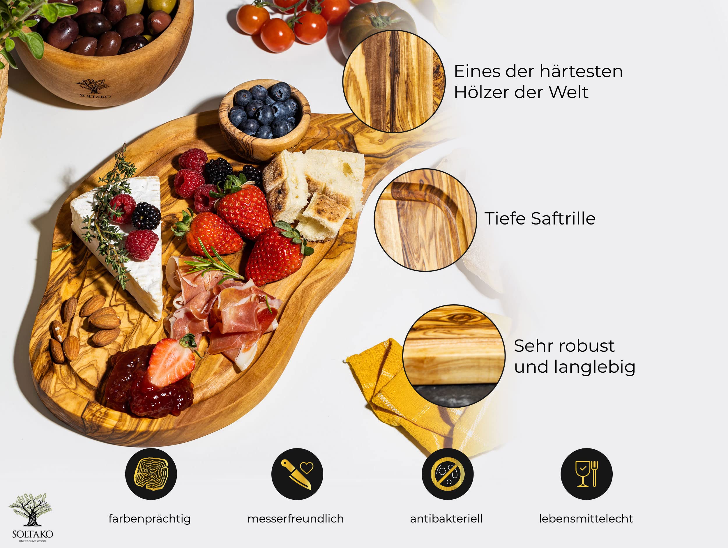 SOLTAKO Olivenholz Steakbrett mit Saftrille 3er Set (35/40/45cm) Schneidebretter aus Oliven Holz mit Griff