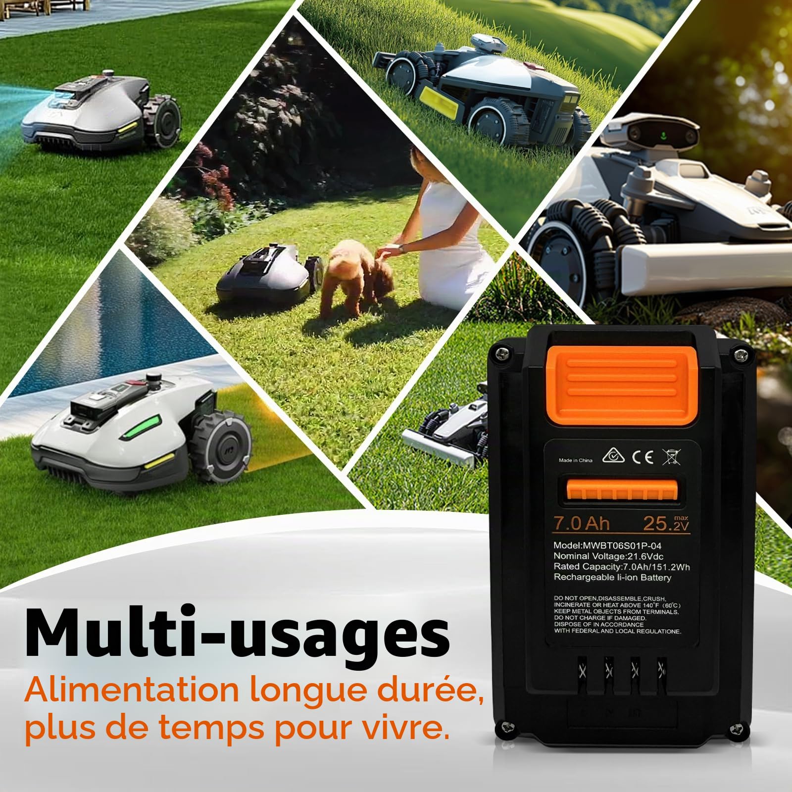 Batterie 7,0 Ah pour Tondeuse à Gazon Robot Mammotion YUKA Mini 500/600/700/700H/800 & LUBA Mini AWD 800/800H/1500/1500H - Remplacement pour MWBT06S01P-03, MWBT06S02P-03, MWBT06S02P-01 UVM