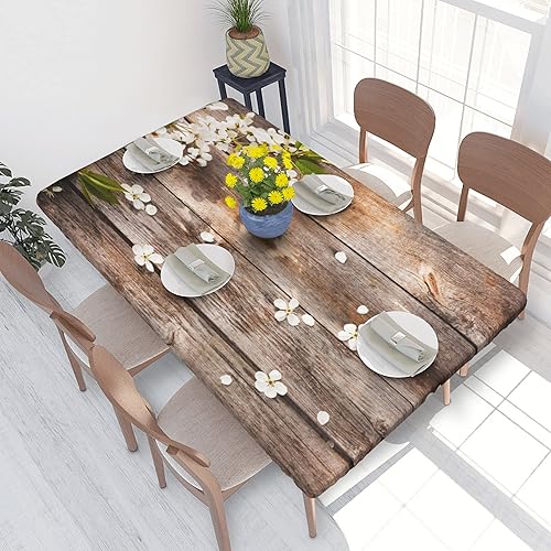 Mantel ajustable de madera rústica con flores de primavera para mesas rectangulares de 5 pies, funda de mesa de poliéster con bordes elásticos, para