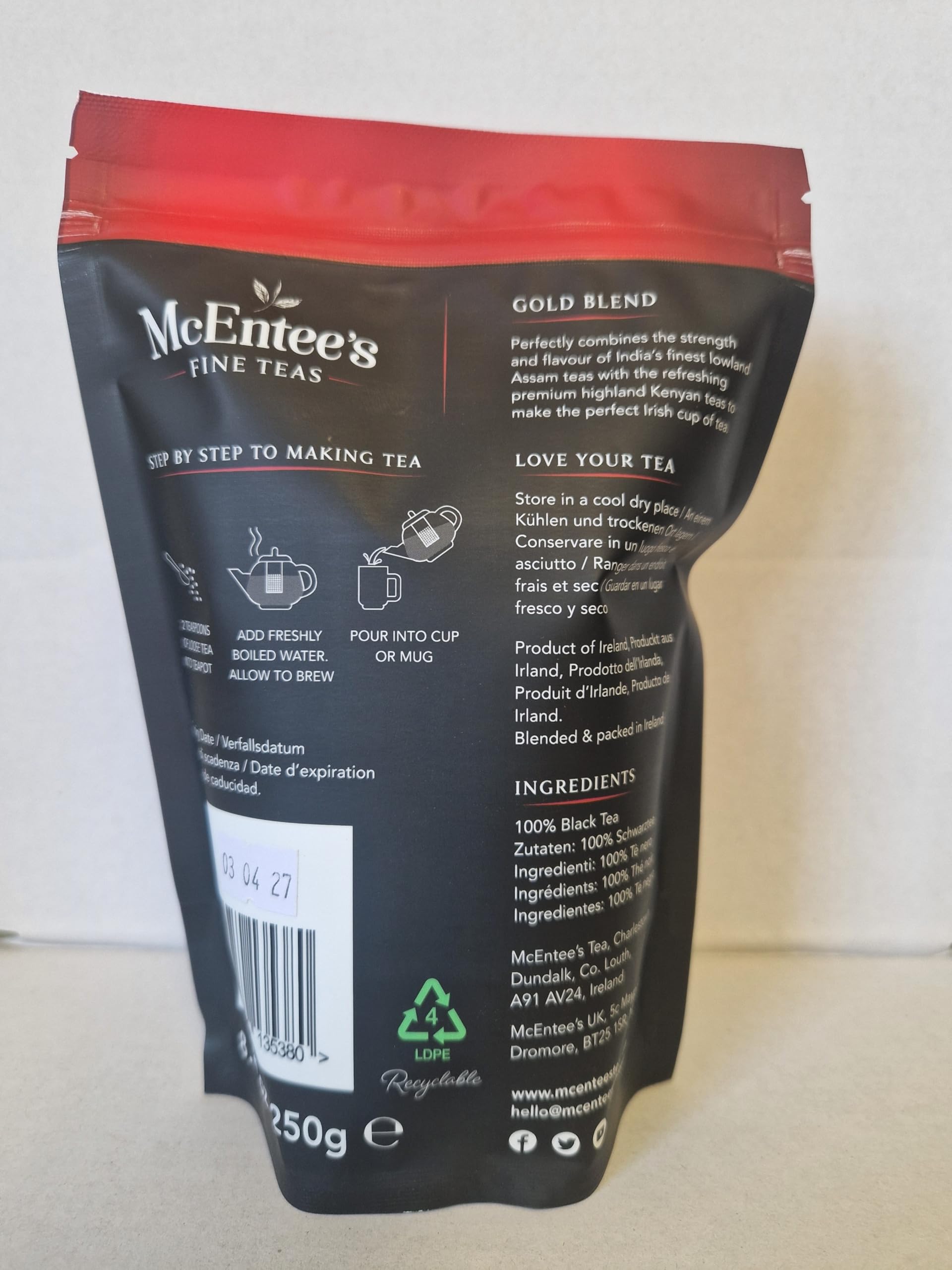 McEntee's Irish Loose Leaf Gold Blend Tea - (Confezione da 2) - Sacchetto da 250 g - Sapientemente miscelato in Irlanda. Assam e tè nero keniota.