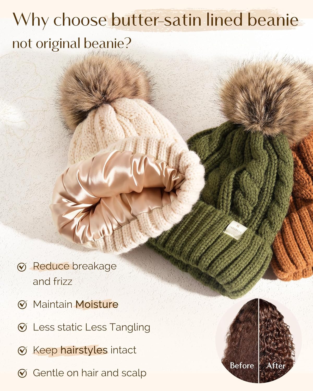 YANIBEST Womens Winter Beanie Hat Satin Lined Knitted Beanie Hat Warm Soft Ski Cuff Cap with Pom Pom - Image 2