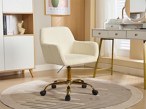 KCC Silla de escritorio de tela de pana para maquillaje, sillón giratorio esponjoso moderno con ruedas, tapizado mullido altura ajustable para