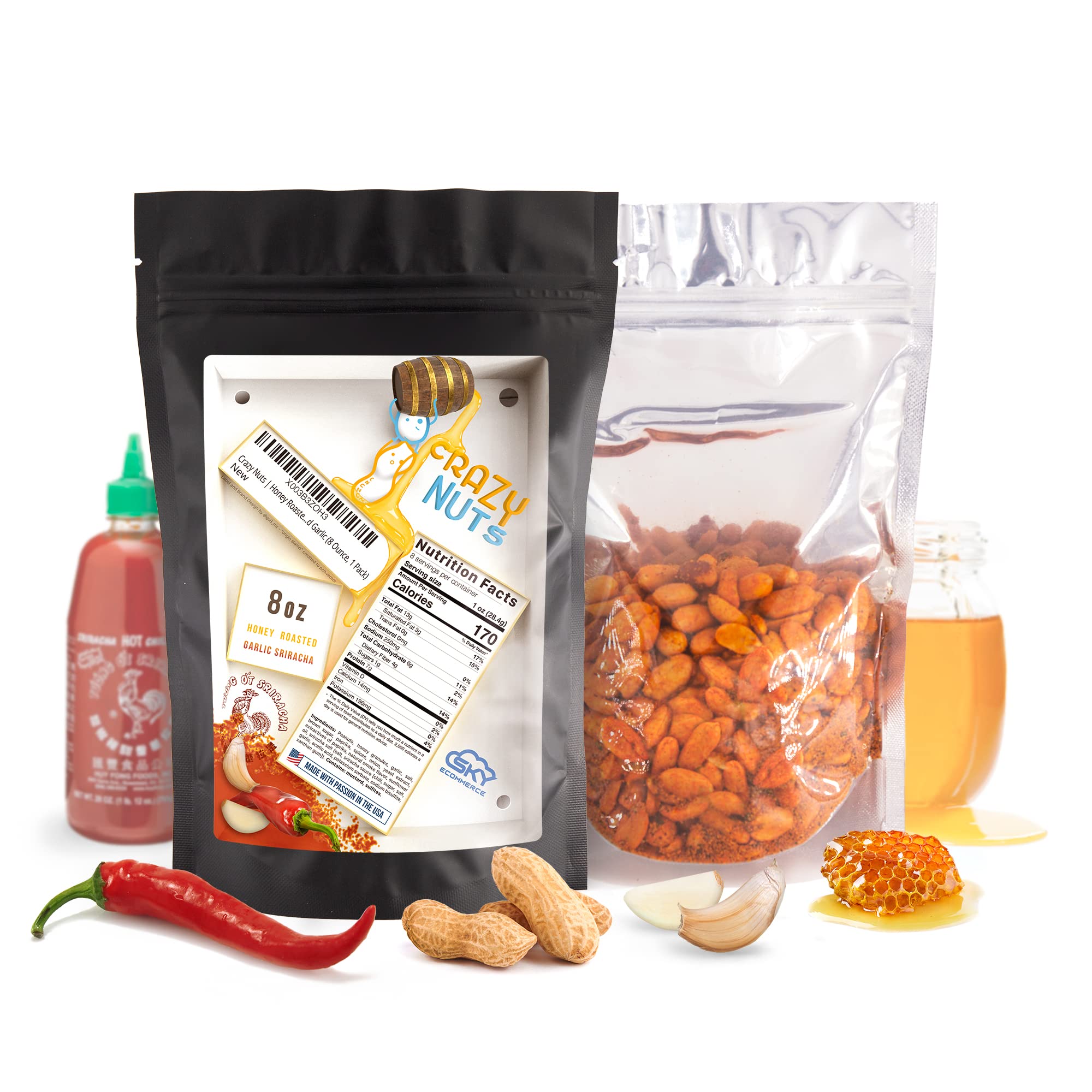 Crazy Nuts Honey Roasted Peanuts Spicy With Garlic and Sriracha, 8oz