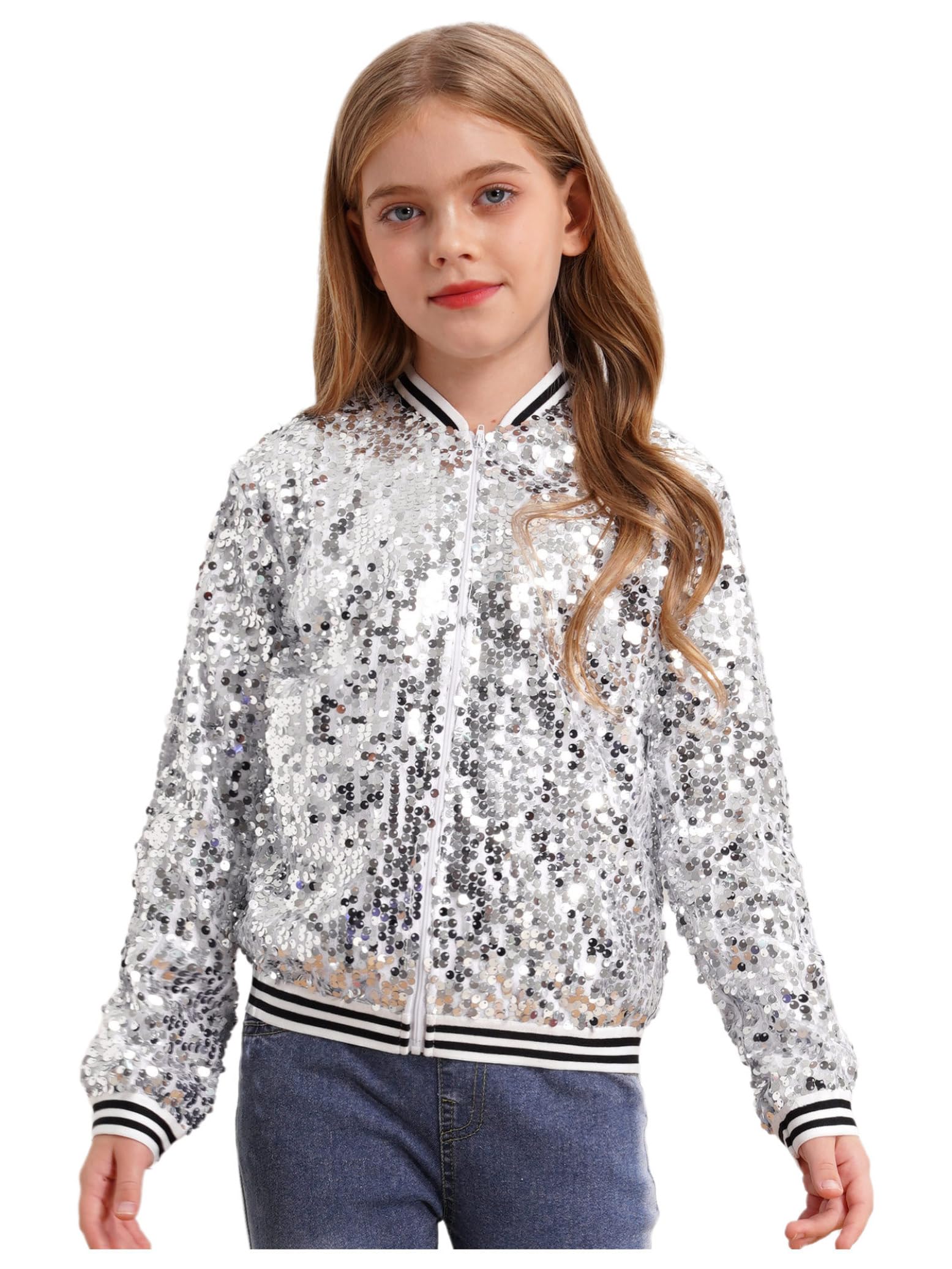 Hedmy Chaqueta Bómber de Lentejuelas para Niños Chaqueta de Danza Jazz Hip-Hop con Cremallera Ropa de Escenario 5-16 Años