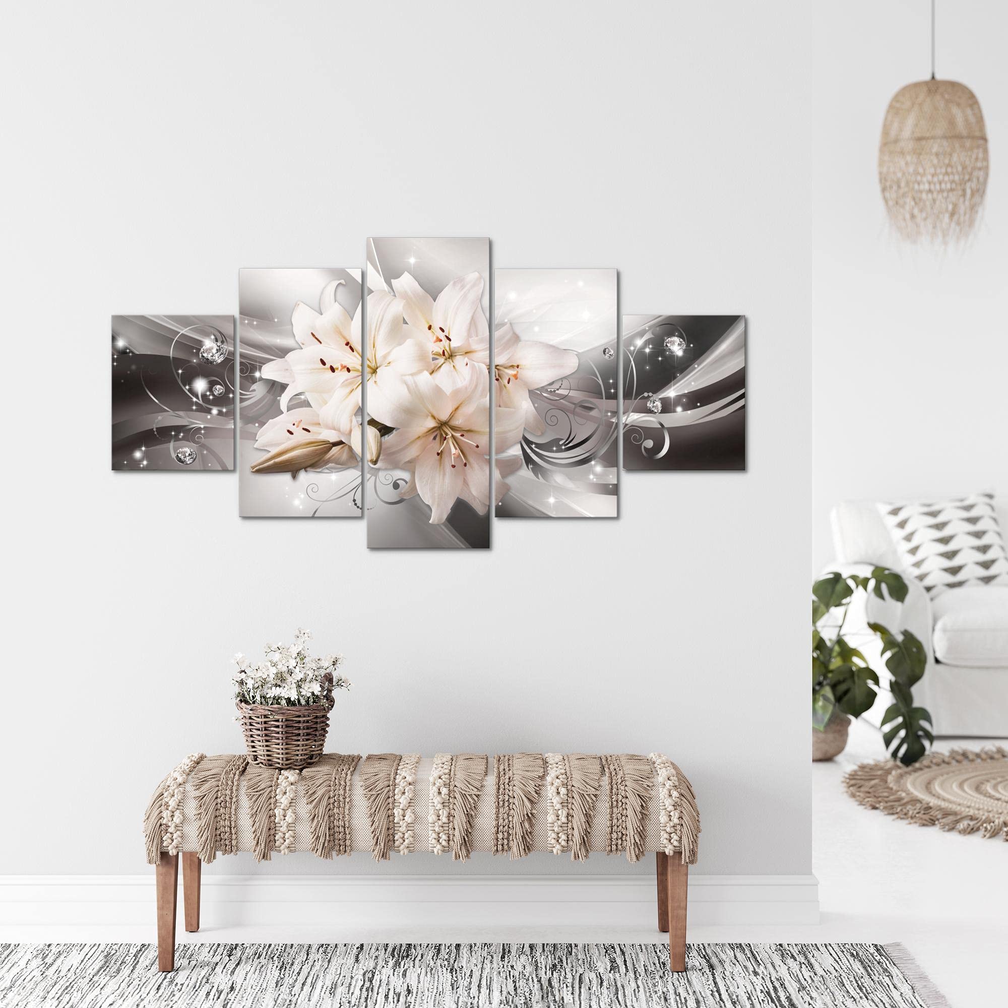 Runa Art - Quadri Fiori Gigli 200 x 100 cm 5 Pezzi XXL Decorazione Murale Design Grigio Beige 020151c