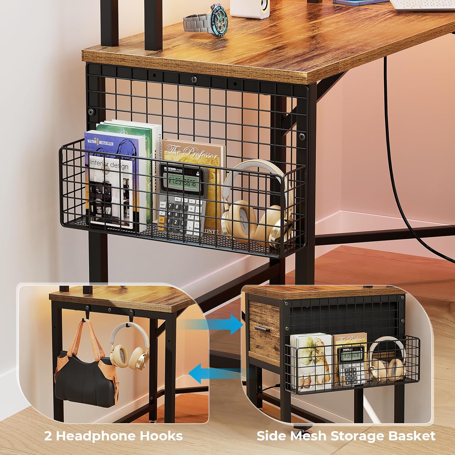 Image showing the side mesh storage basket filled with books and headphones, and two headphone hooks on the desk frame.